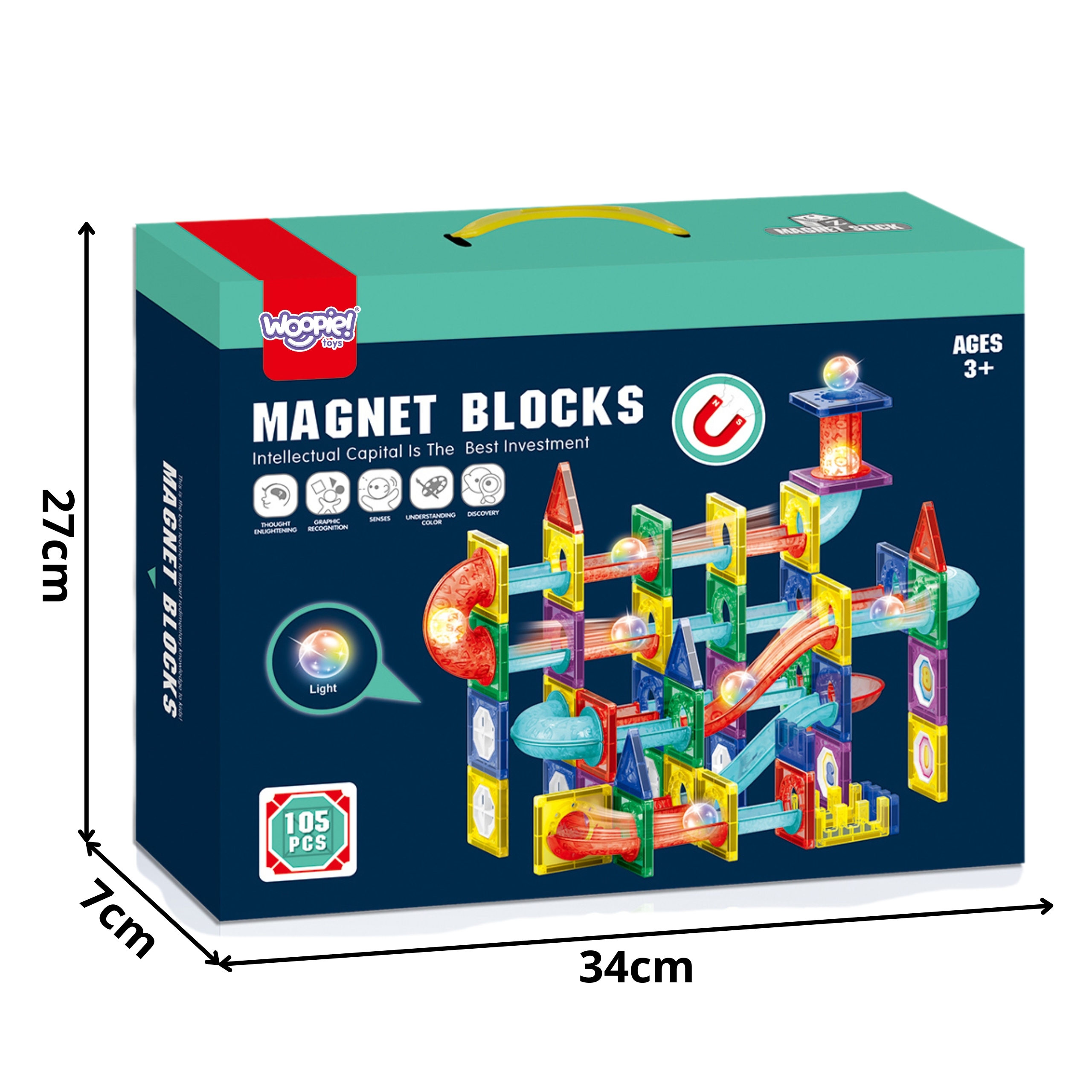 WOOPIE Klocki Magnetyczne Konstrukcyjne 3D Zestaw Edukacyjny Tor Kulkowy LED 105el.