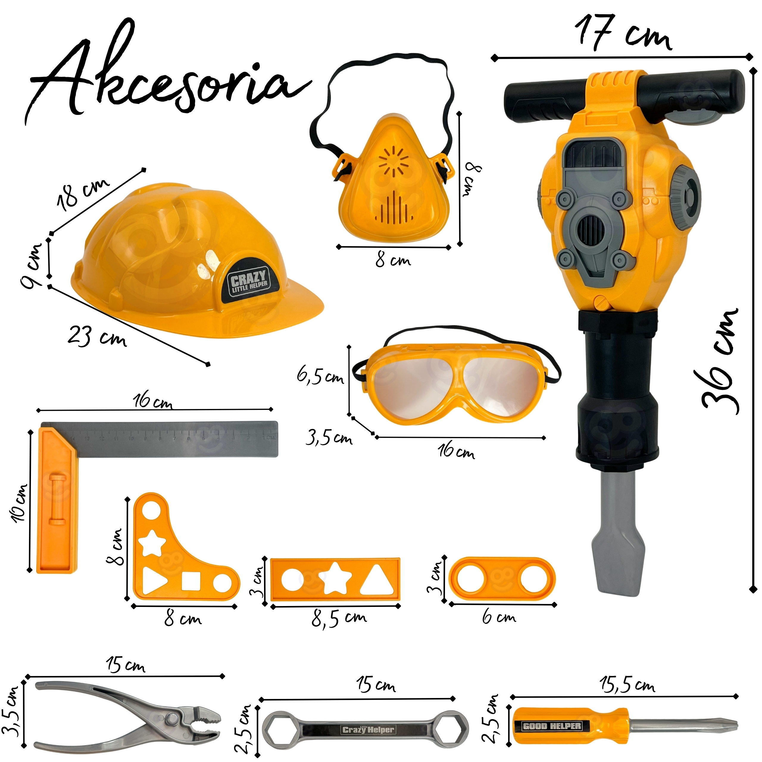 WOOPIE Zestaw Narzędzi Małego Majsterkowicza Gogle Kask Młot Pneumatyczny 21el.