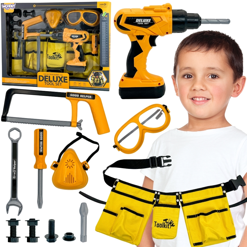 WOOPIE Zestaw Narzędzi Małego Majsterkowicza Gogle Wkrętarka Pas Na Narzędzia 16el.