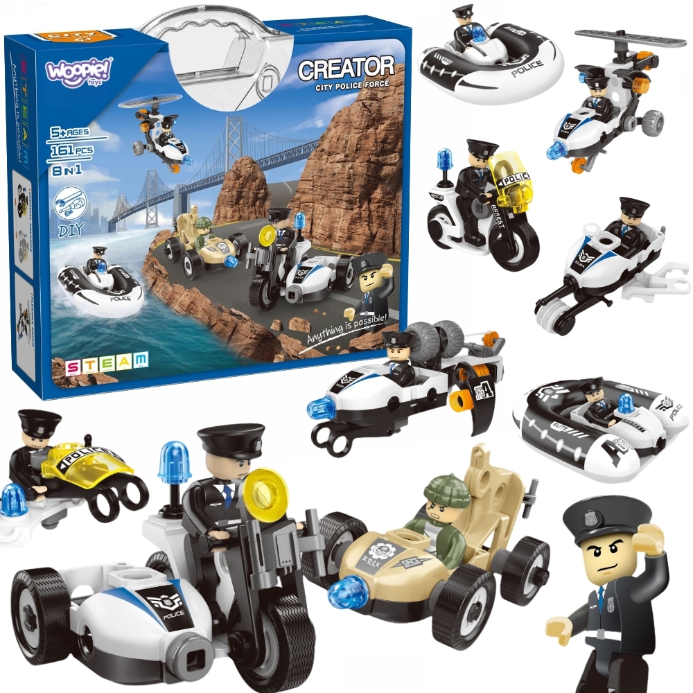 WOOPIE Klocki Konstrukcyjne Zbuduj Pojazdy Policyjne 8 Modeli STEAM – Zostań bohaterem miasta!