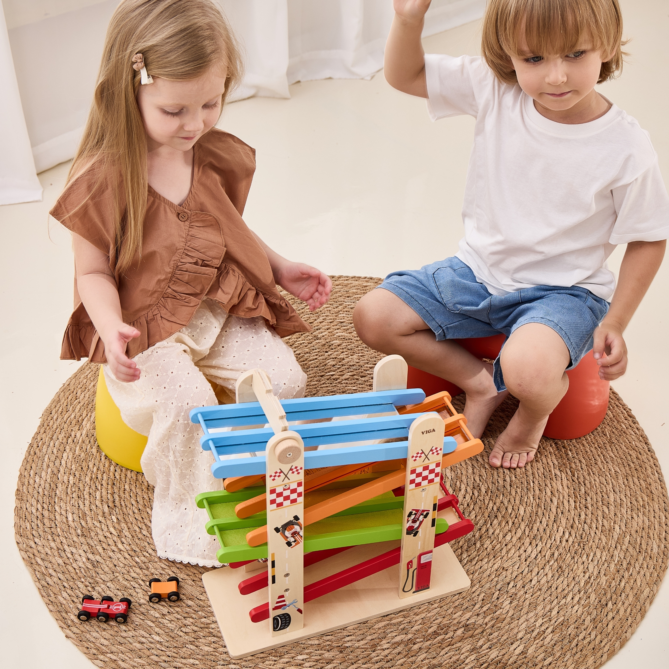 VIGA Drewniana Podwójna Zjeżdżalnia Dla Samochodzików Tor Wyścigowy