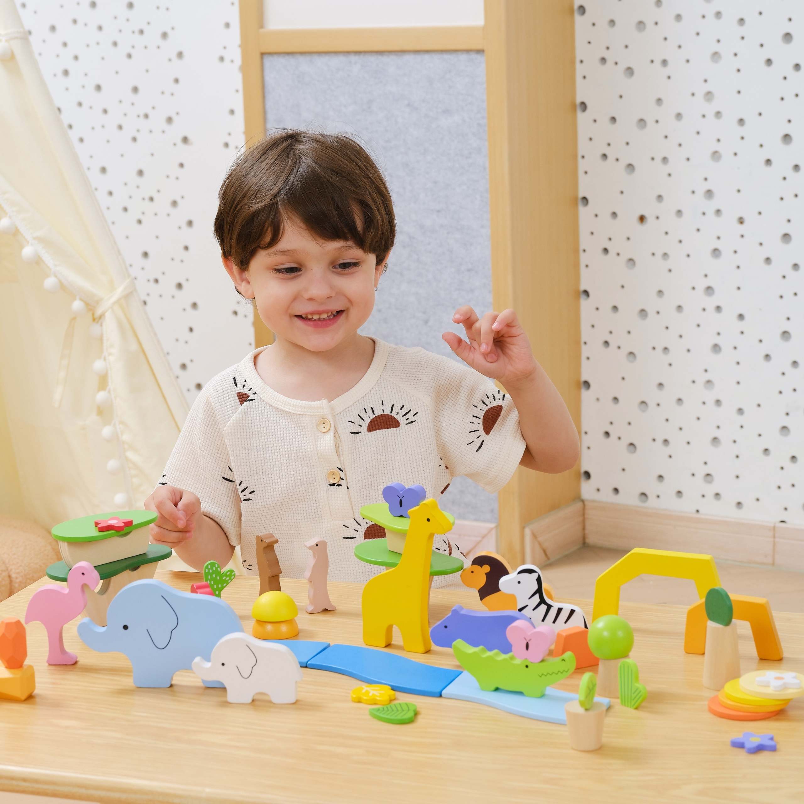 VIGA Drewniane Klocki Kolorowe Opowieści Tropikalne Pudełko 55el.