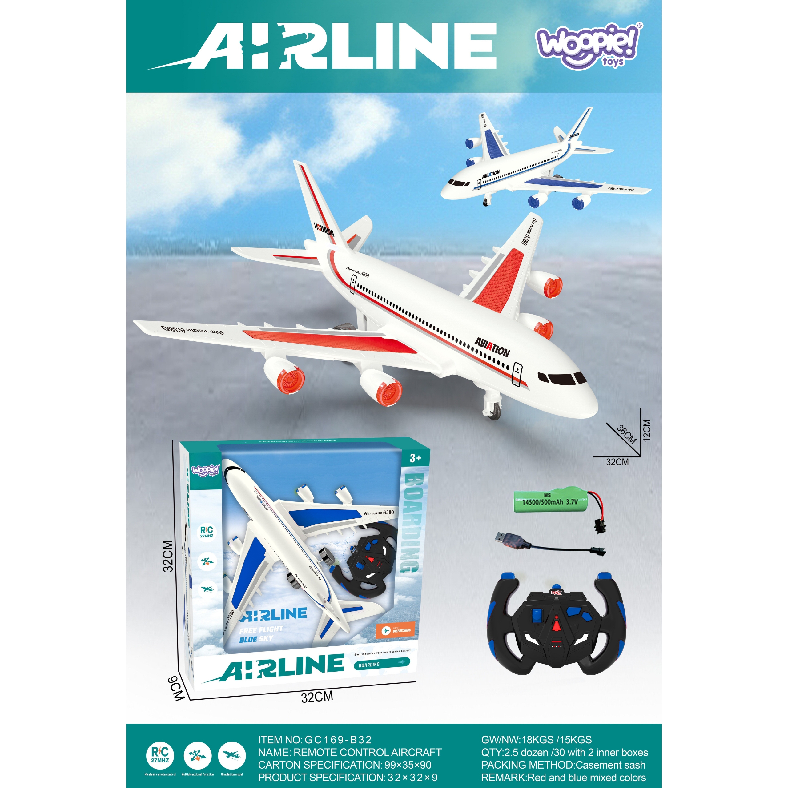 WOOPIE Niebieski Zdalnie Sterowany Samolot Pasażerski Airline