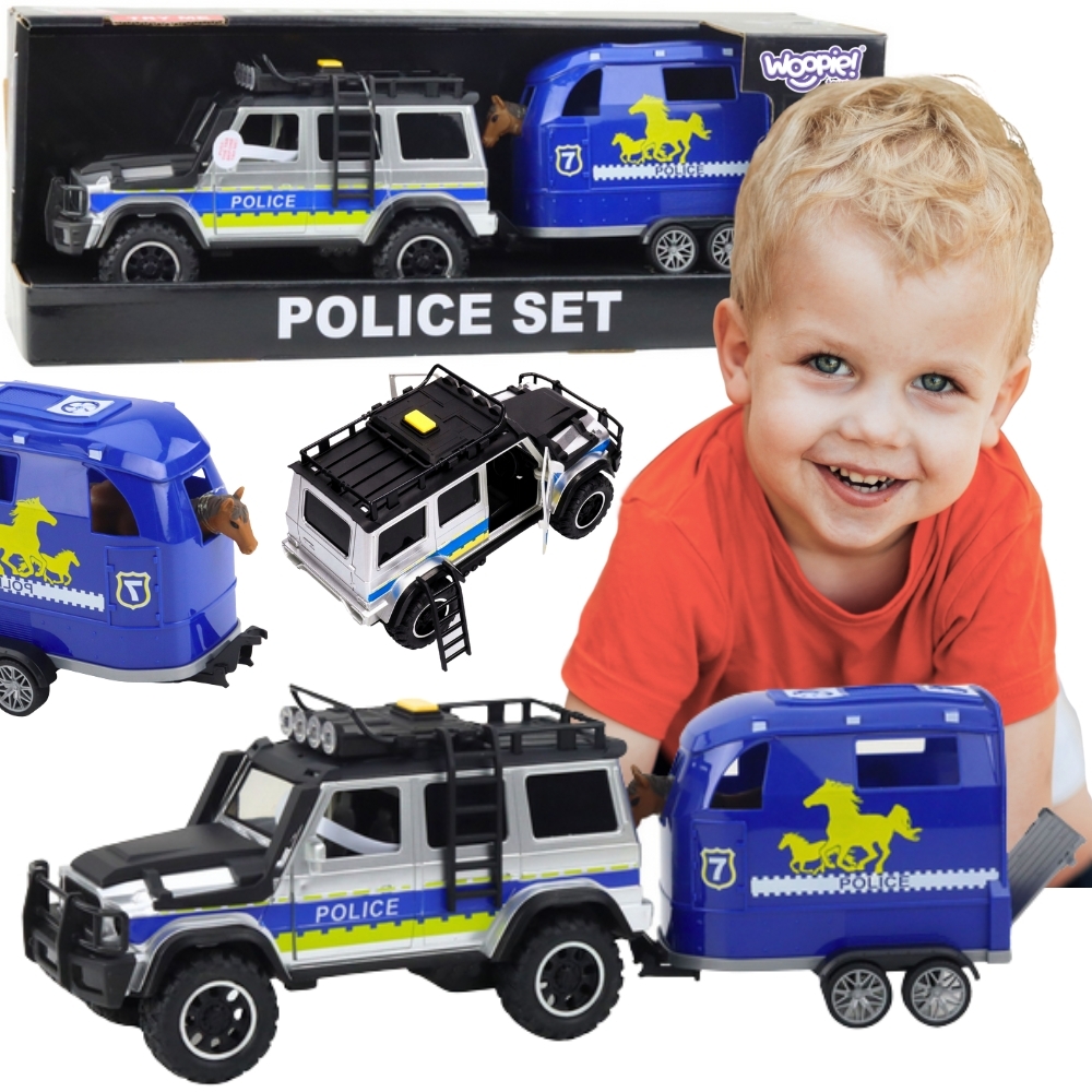 Zestaw samochód terenowy policyjny z przyczepą dla konia - Wyrusz na emocjonującą akcję policyjną z realistycznym zestawem samochodu...