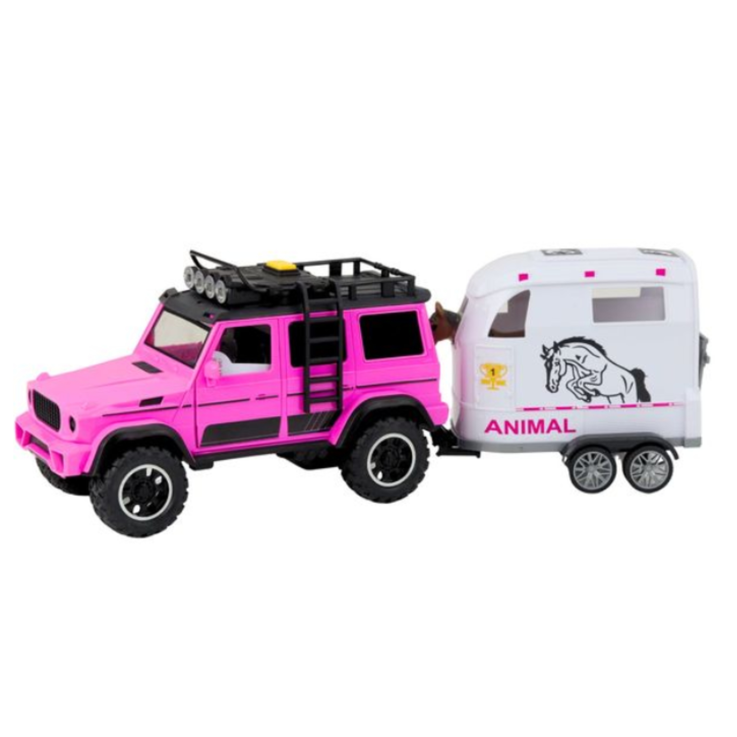 Zestaw różowy samochód terenowy z przyczepką i figurką konia - 4 z 4
