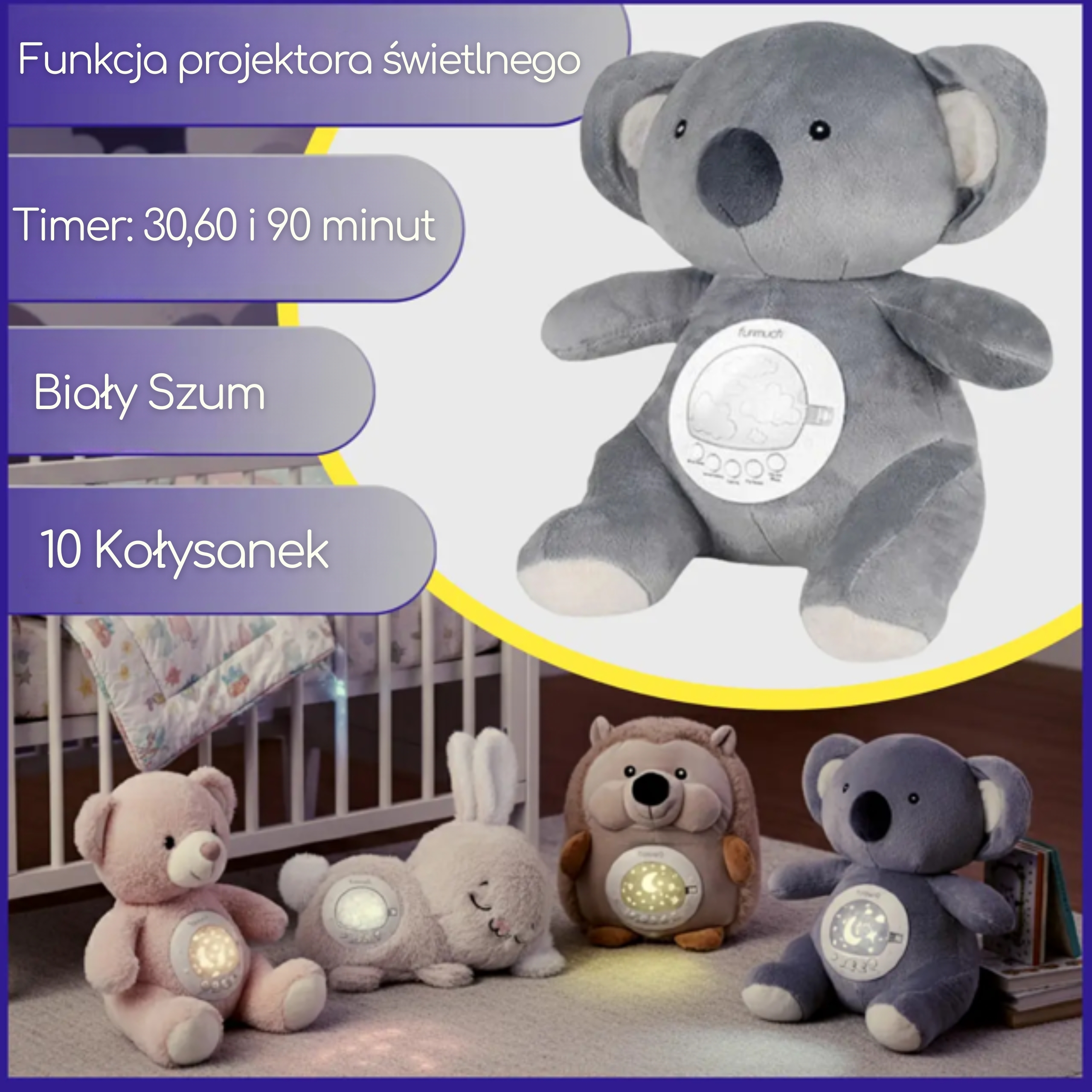 Przytulanka koala z projektorem uspokajacz kołysanki czujnik płaczu - 2 z 4