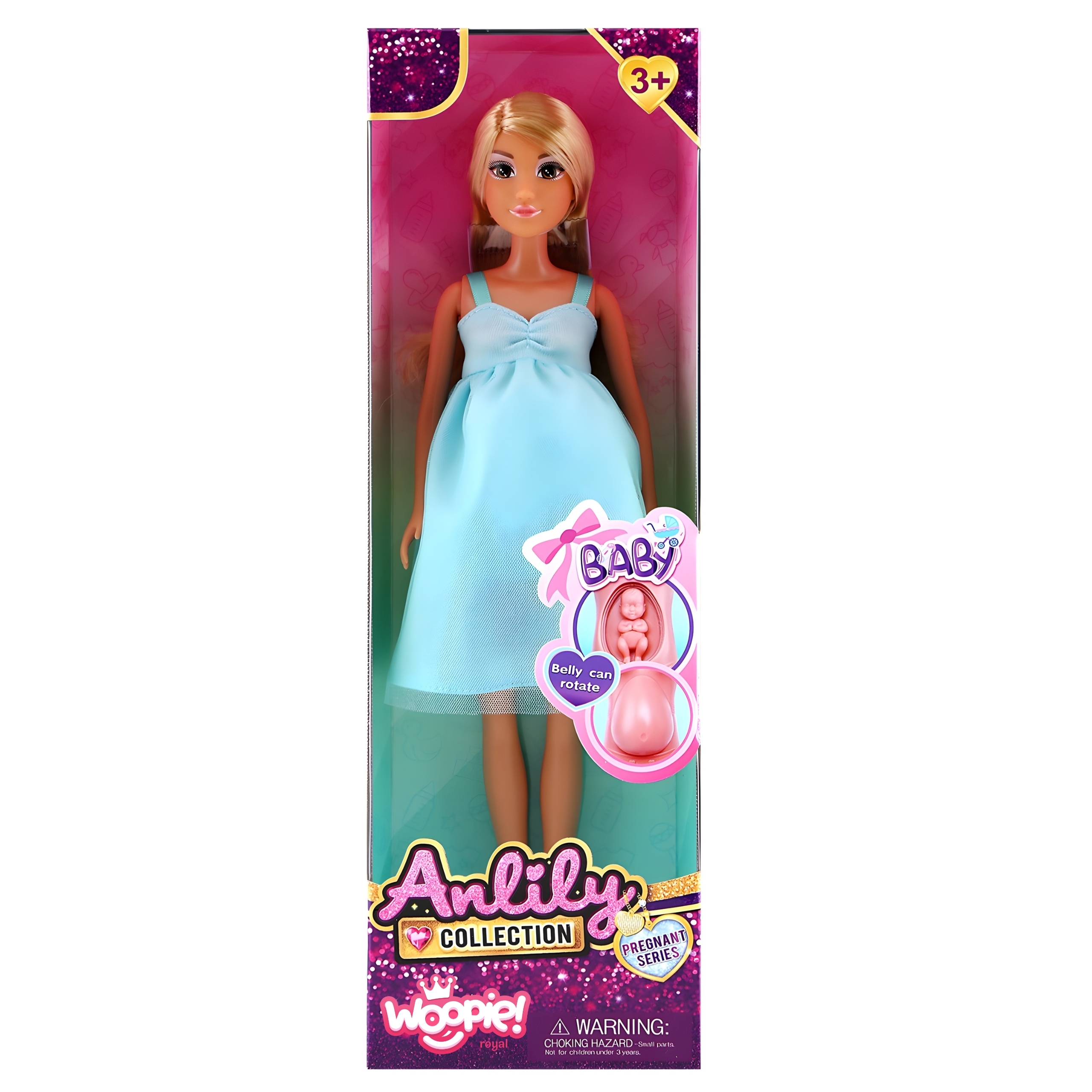 Lalka lily z brzuszkiem w ciąży niemowlak błękitna sukienka - 4 z 4