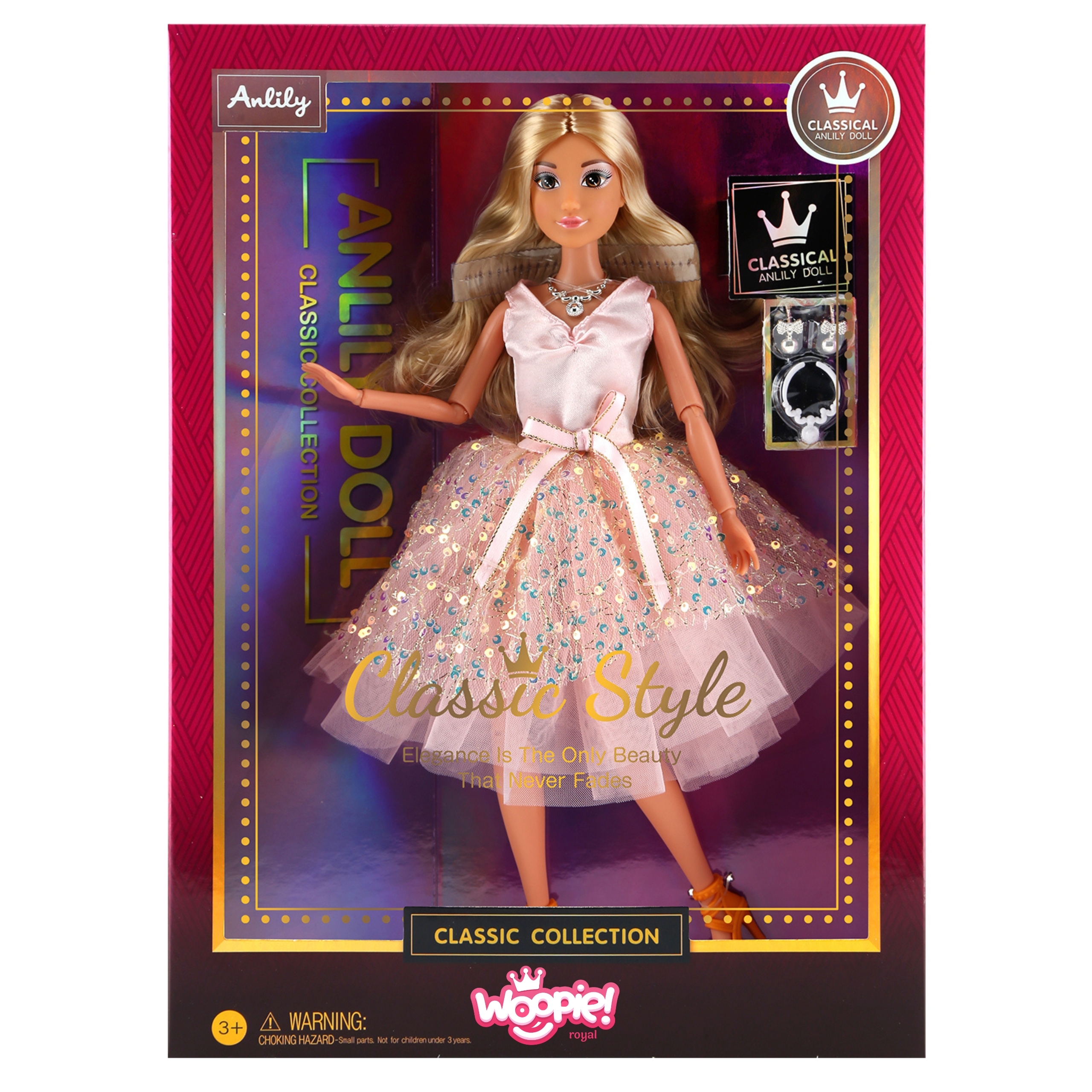 Lalka lily 30 cm długie blond włosy różowa suknia biżuteria - 2 z 2