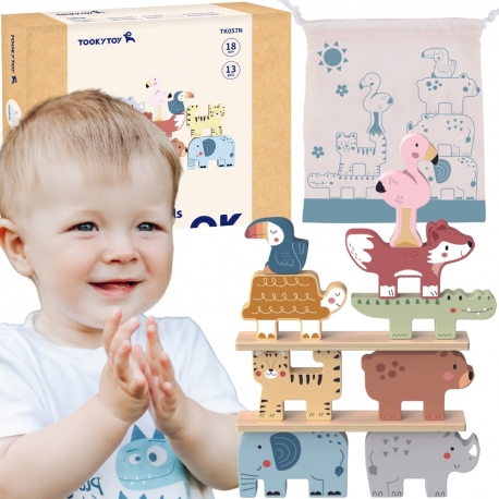 TOOKY TOY Drewniane Klocki Układanka Zwierzątka Montessori 9 el.