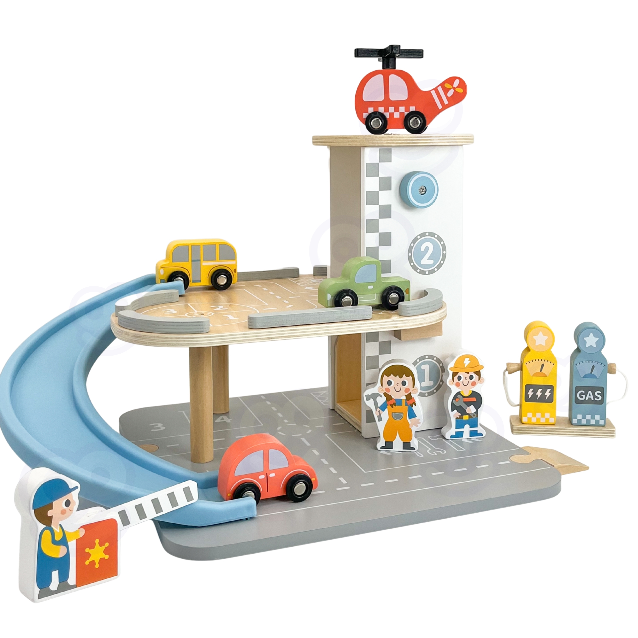 Drewniany parking piętrowy 2w1 stacja benzynowa z autkami i figurkami 12 el. fsc - 2 z 5