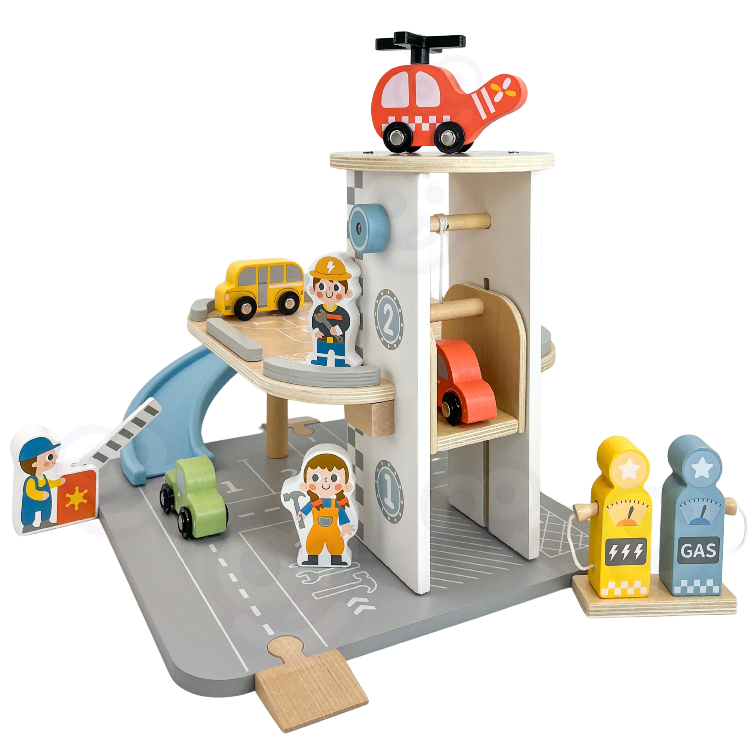 Drewniany parking piętrowy 2w1 stacja benzynowa z autkami i figurkami 12 el. fsc - 3 z 5