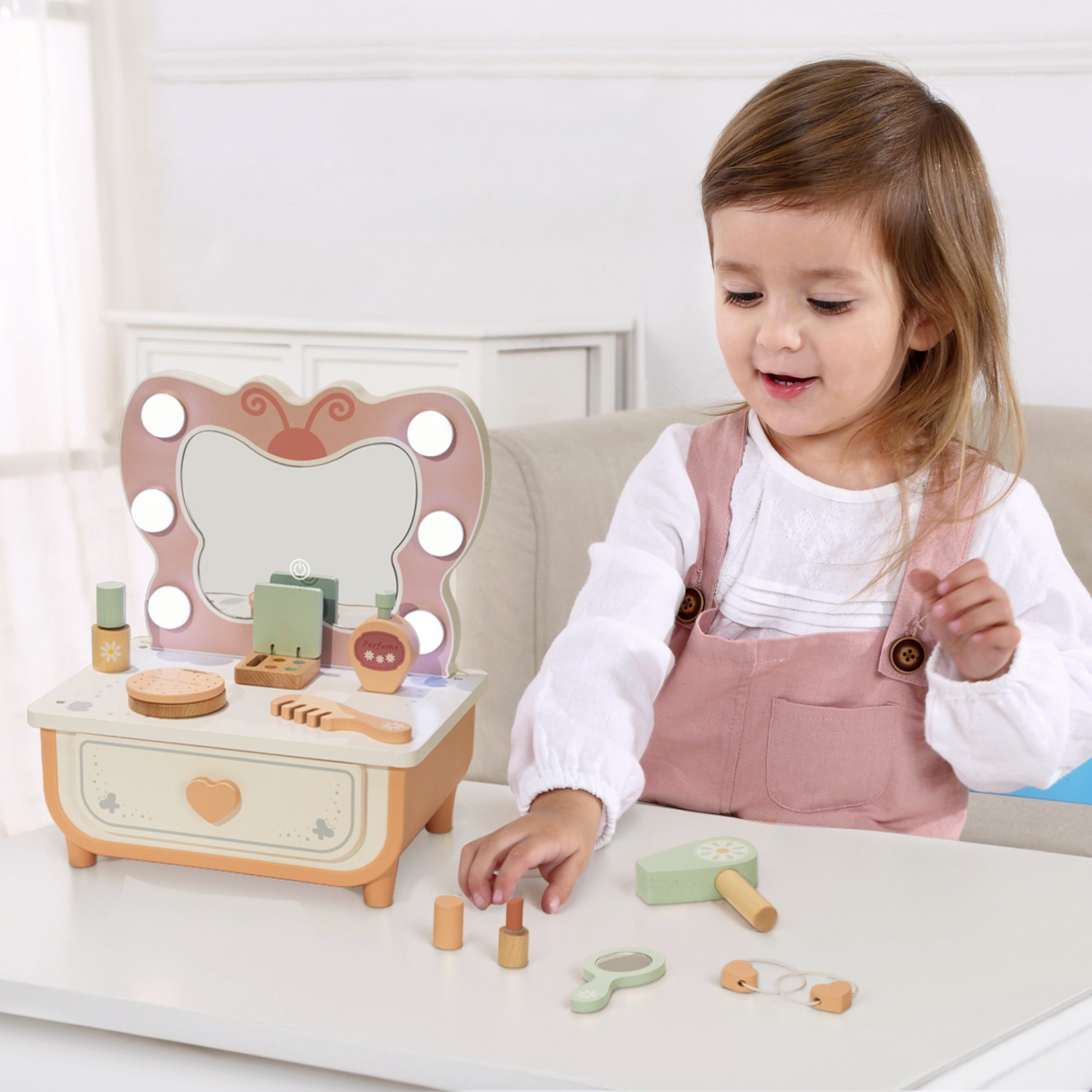 Drewniana toaletka motyl akcesoria lustro z oświetleniem led + kosmetyki - 3 z 6