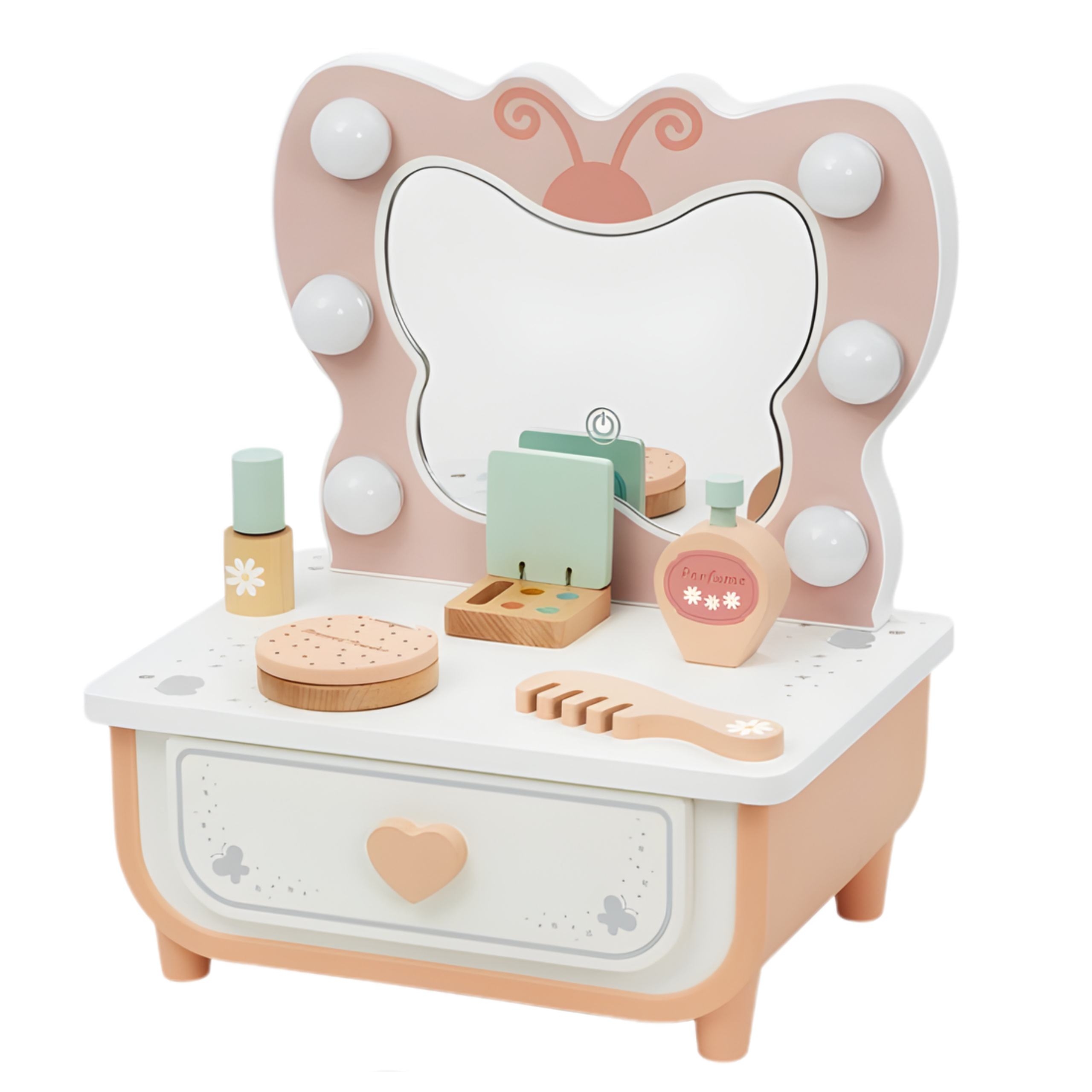 Drewniana toaletka motyl akcesoria lustro z oświetleniem led + kosmetyki - 5 z 6