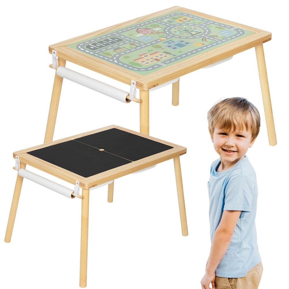 Drewniany stolik aktywności 4w1 tablica kredowa pojemniki mapa miasta papier rysunkowy - Drewniany stolik aktywności marki Woopie Green to idealne miejsce zabawy dla małego artysty i...