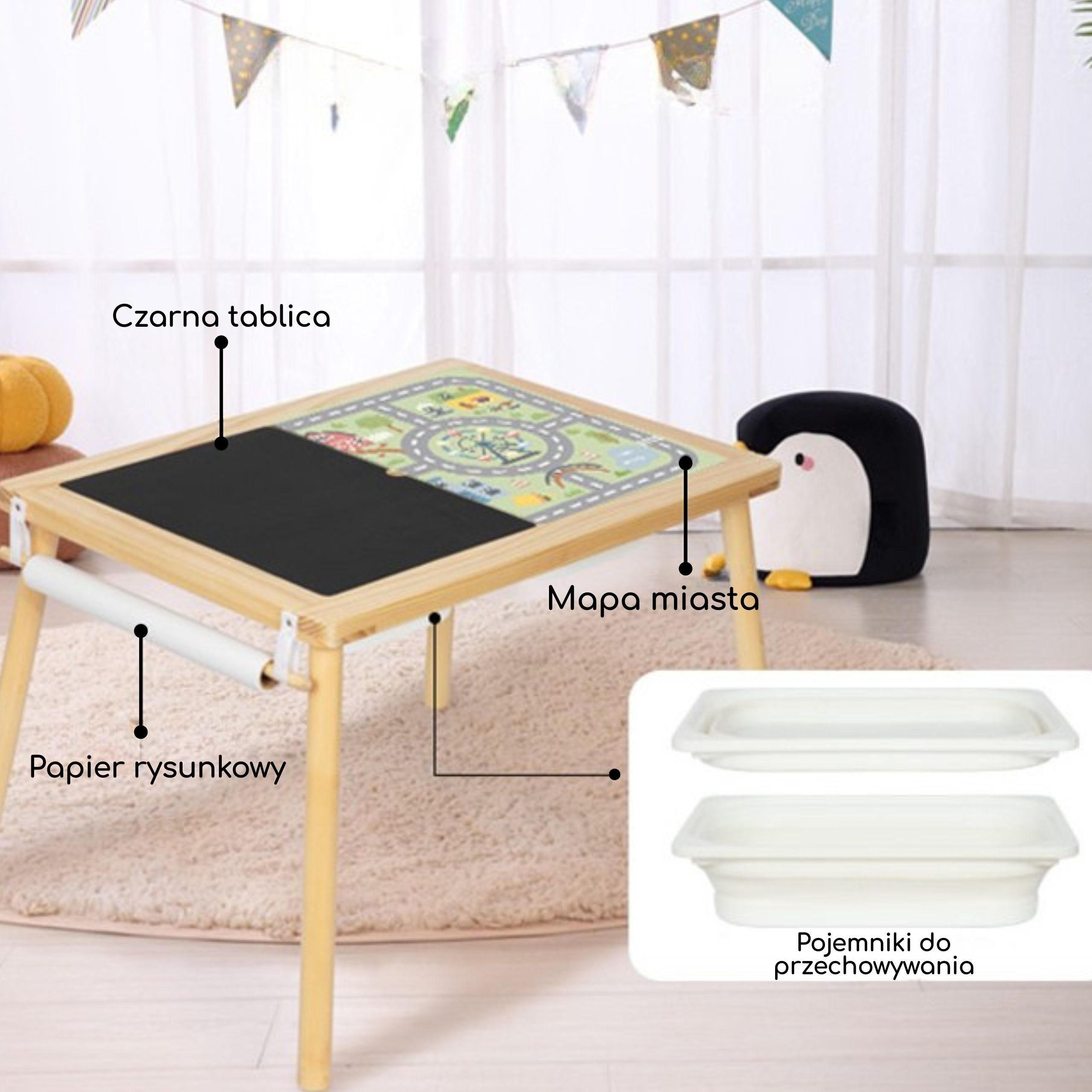 Drewniany stolik aktywności 4w1 tablica kredowa pojemniki mapa miasta papier rysunkowy - 5 z 7