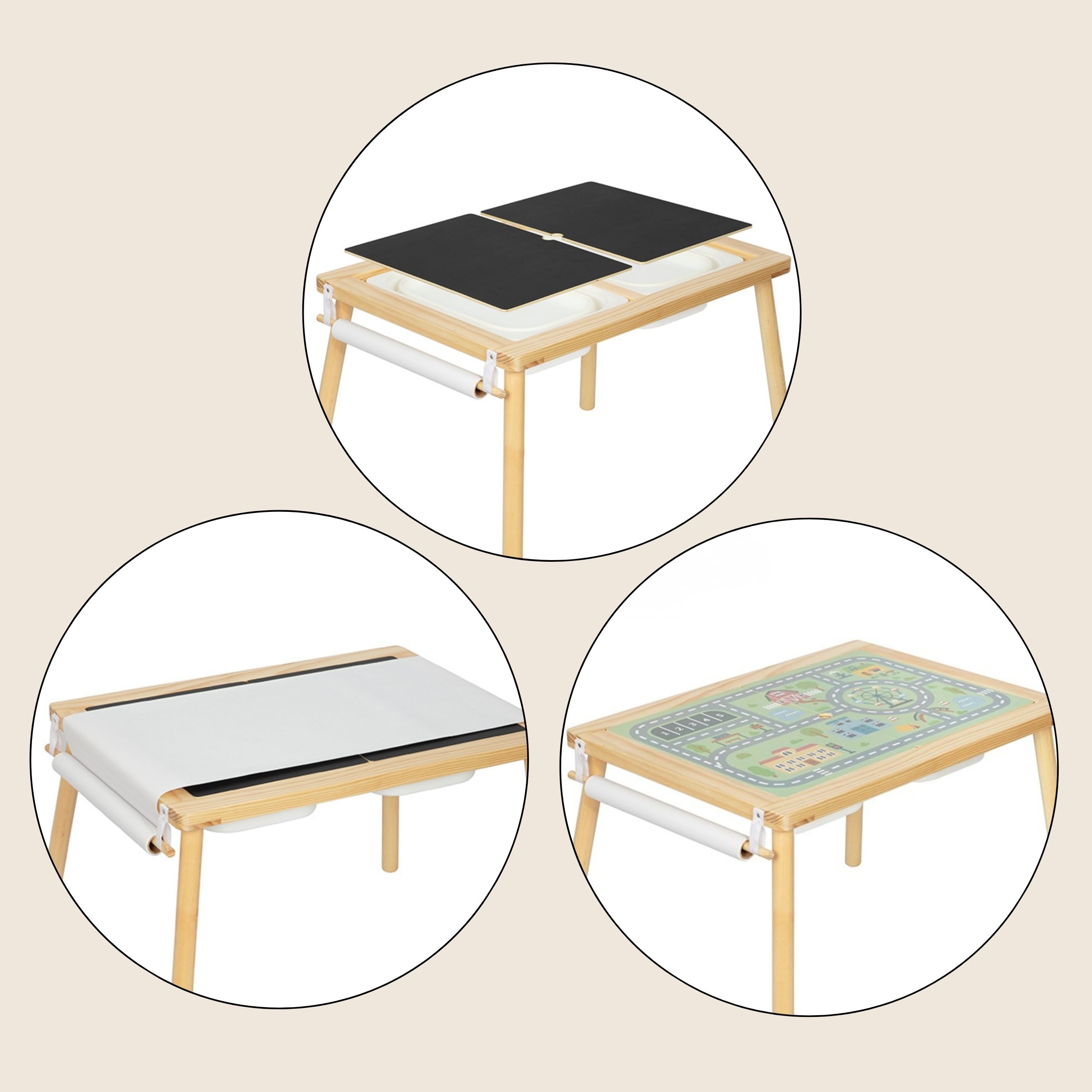 Drewniany stolik aktywności 4w1 tablica kredowa pojemniki mapa miasta papier rysunkowy - 6 z 7