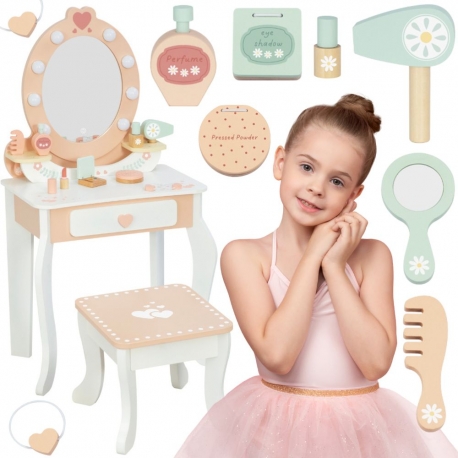 TOOKY TOY Drewniana Toaletka z Krzesełkiem Akcesoria Lustro + Kosmetyki
