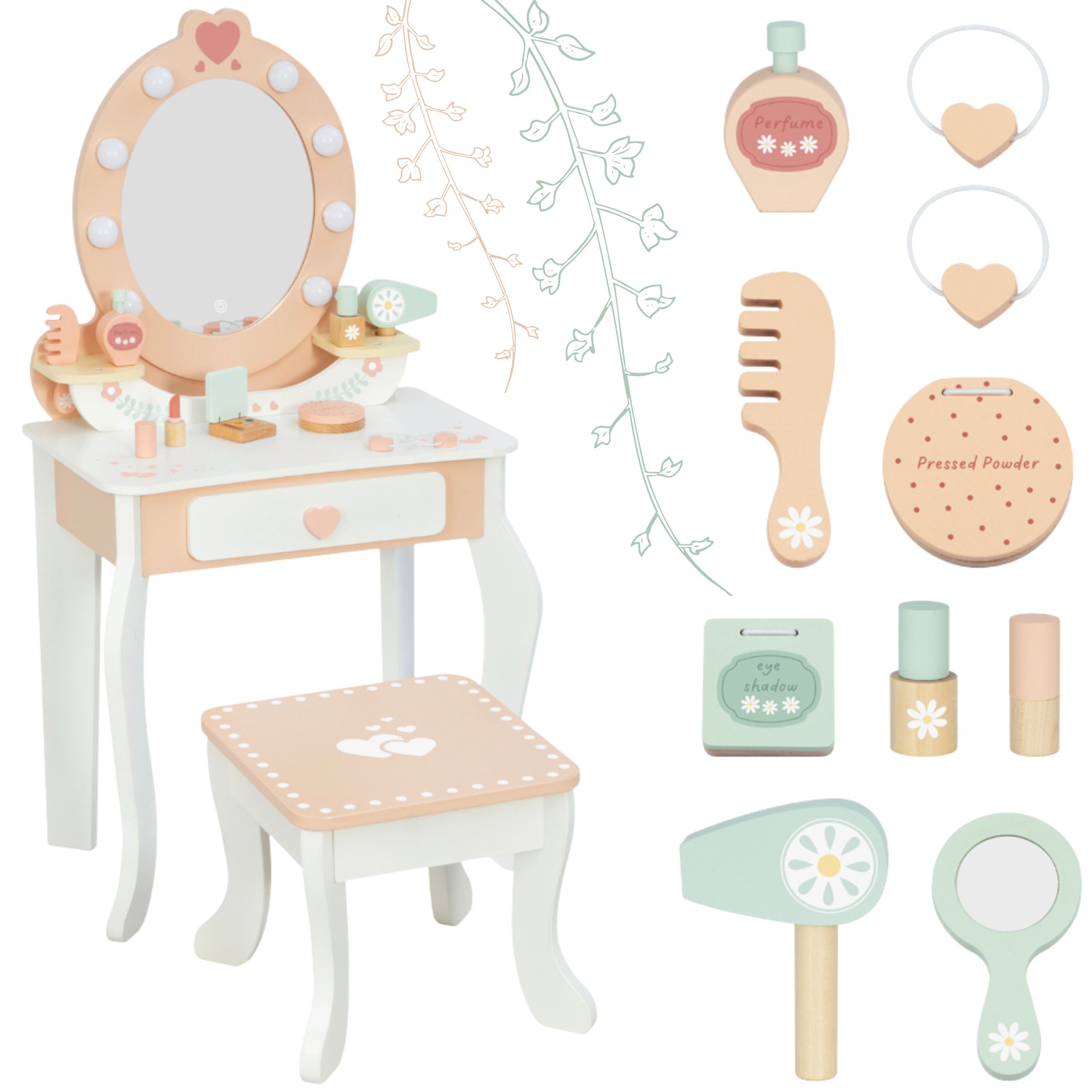 Drewniana toaletka z krzesełkiem akcesoria lustro z oświetleniem led + kosmetyki - 2 z 3