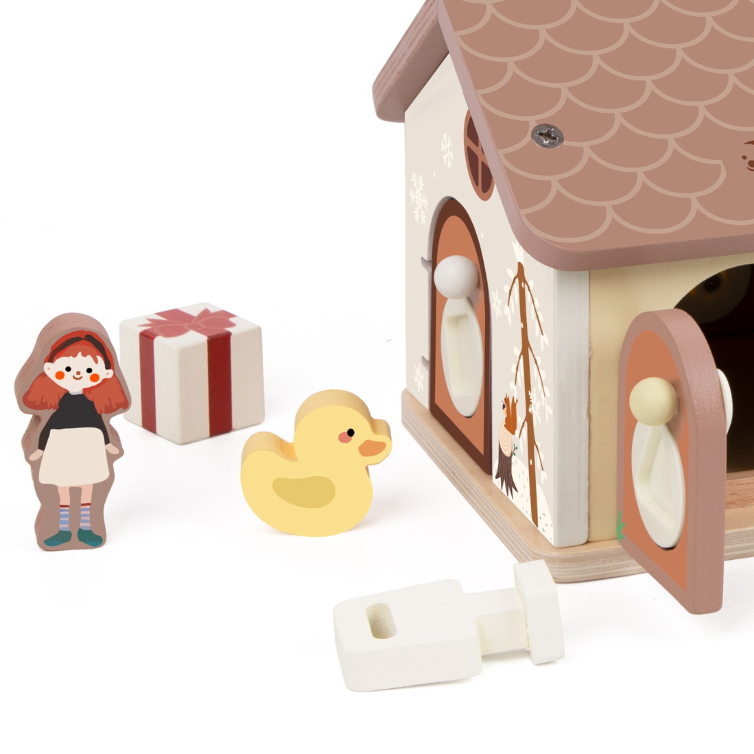 Drewniany domek sensoryczny edukacyjny z zamkami kluczykami 11el. - 11 z 13