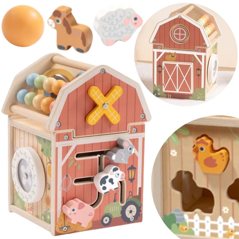 Drewniana stodoła aktywności sorter liczydło montessori - Drewniana stodoła aktywności marki Tooky Toy, to drewniany sorter w kształcie stodoły, który...