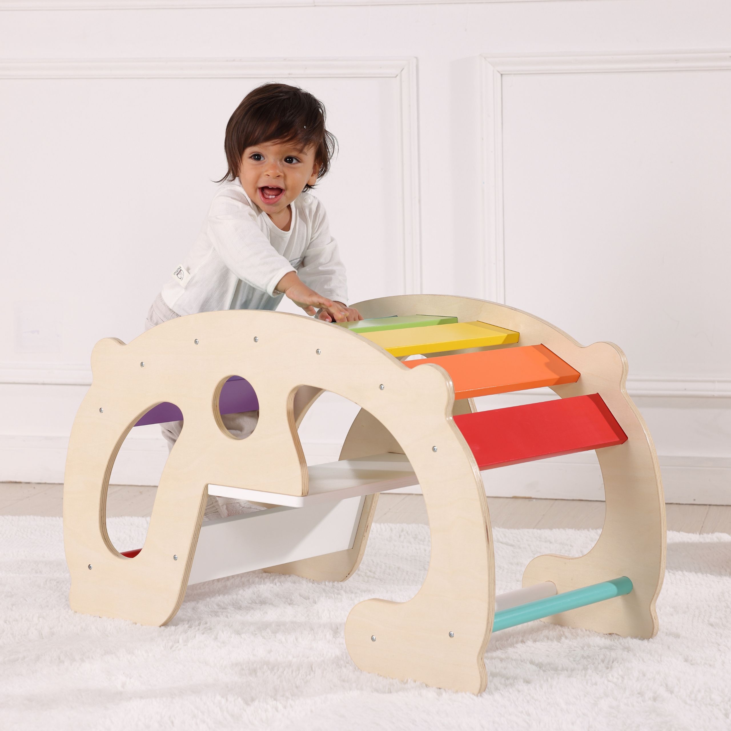 Drewniany tęczowy bujak i mostek 2w1 montessori fsc - 4 z 7