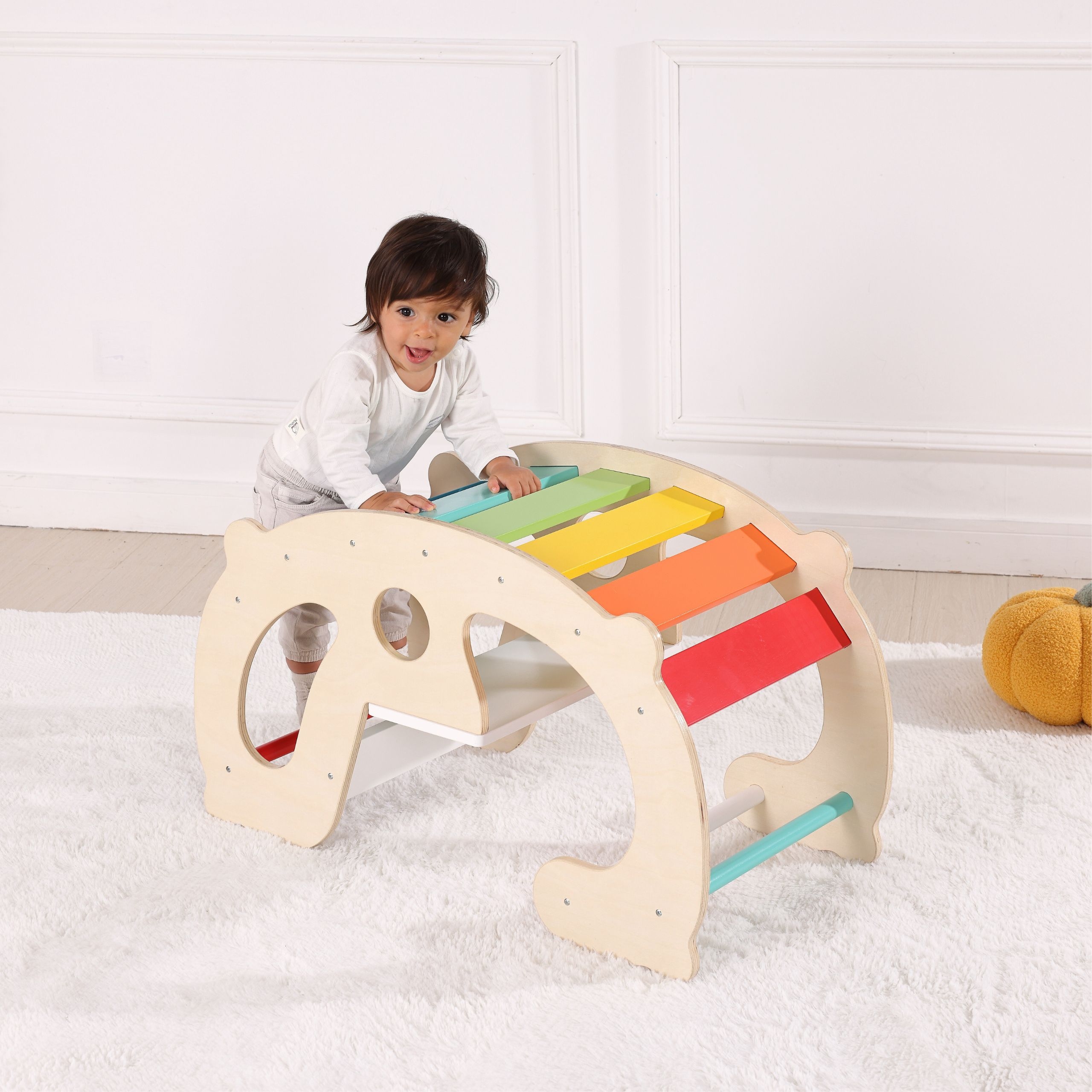 Drewniany tęczowy bujak i mostek 2w1 montessori fsc - 6 z 7