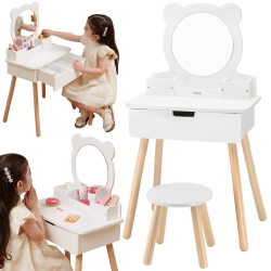 VIGA Duża Toaletka Drewniana Biała z Lustrem i Krzesełkiem