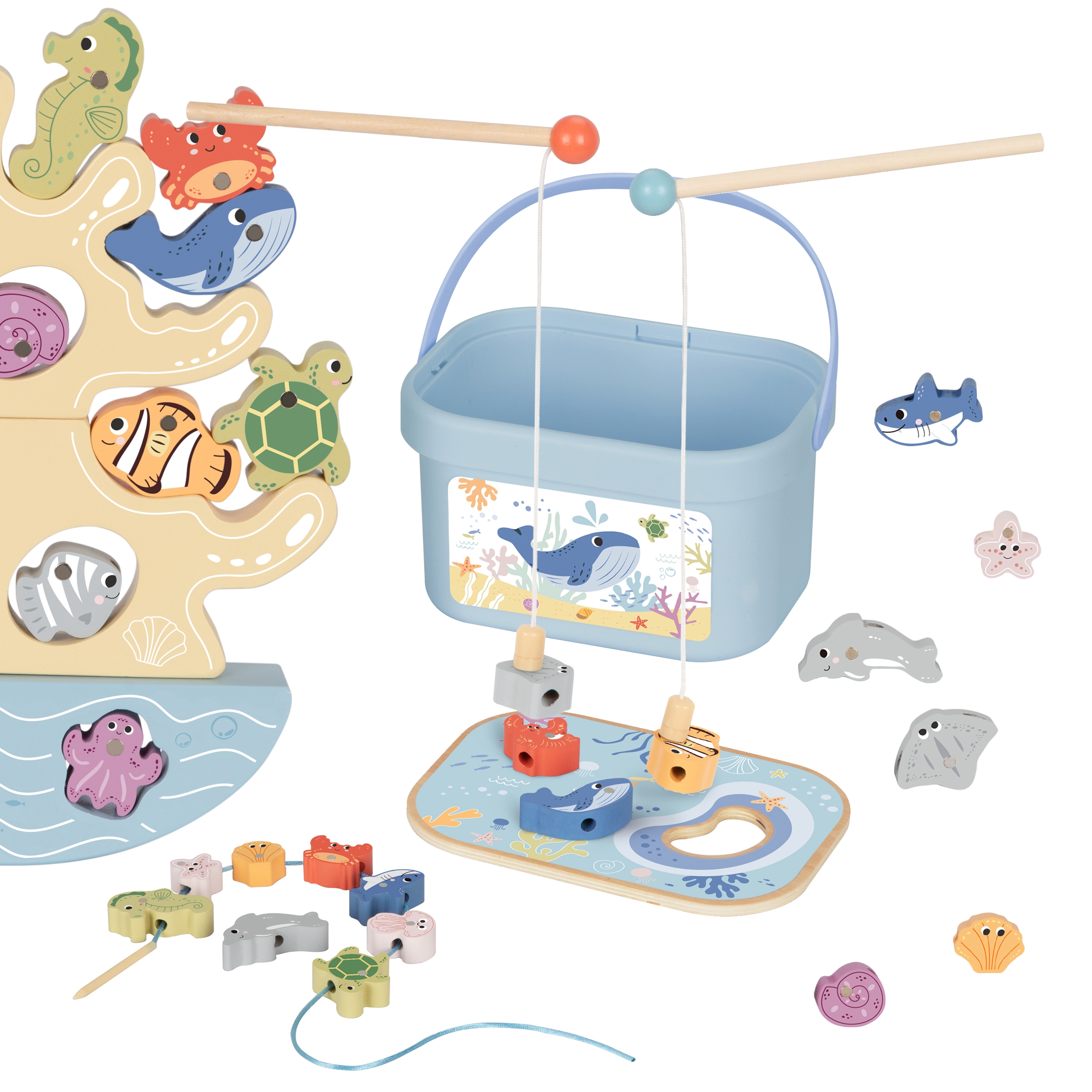 Drewniany zestaw morskich zabawek wieża balansująca łowienie ryb figurki 23 elementy