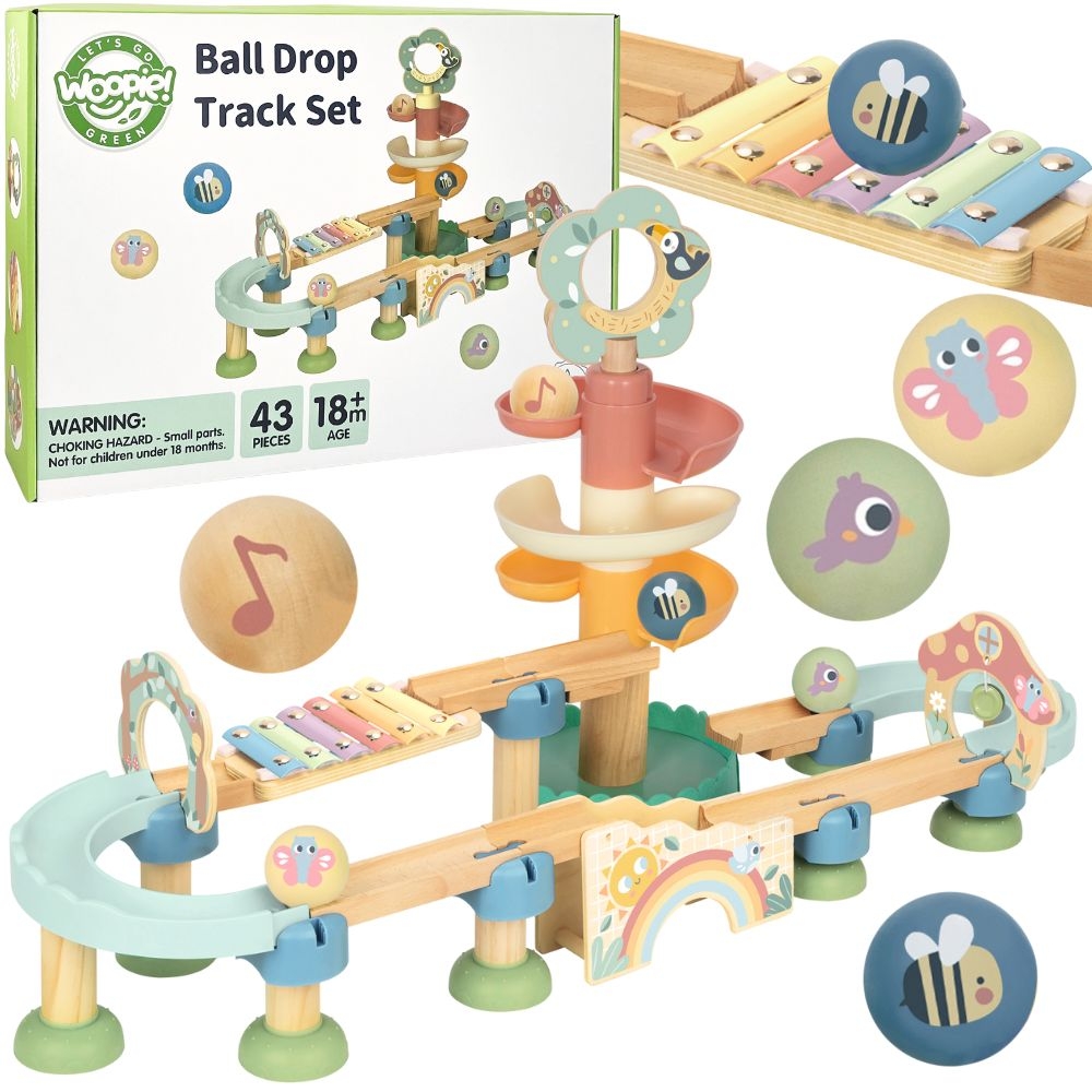 Drewniany tor kulkowy z efektami dźwiękowymi cymbałki fsc - Przepiękny drewniany tor kulkowy od Woopie Green to wyjątkowa zabawka, która łączy w sobie...