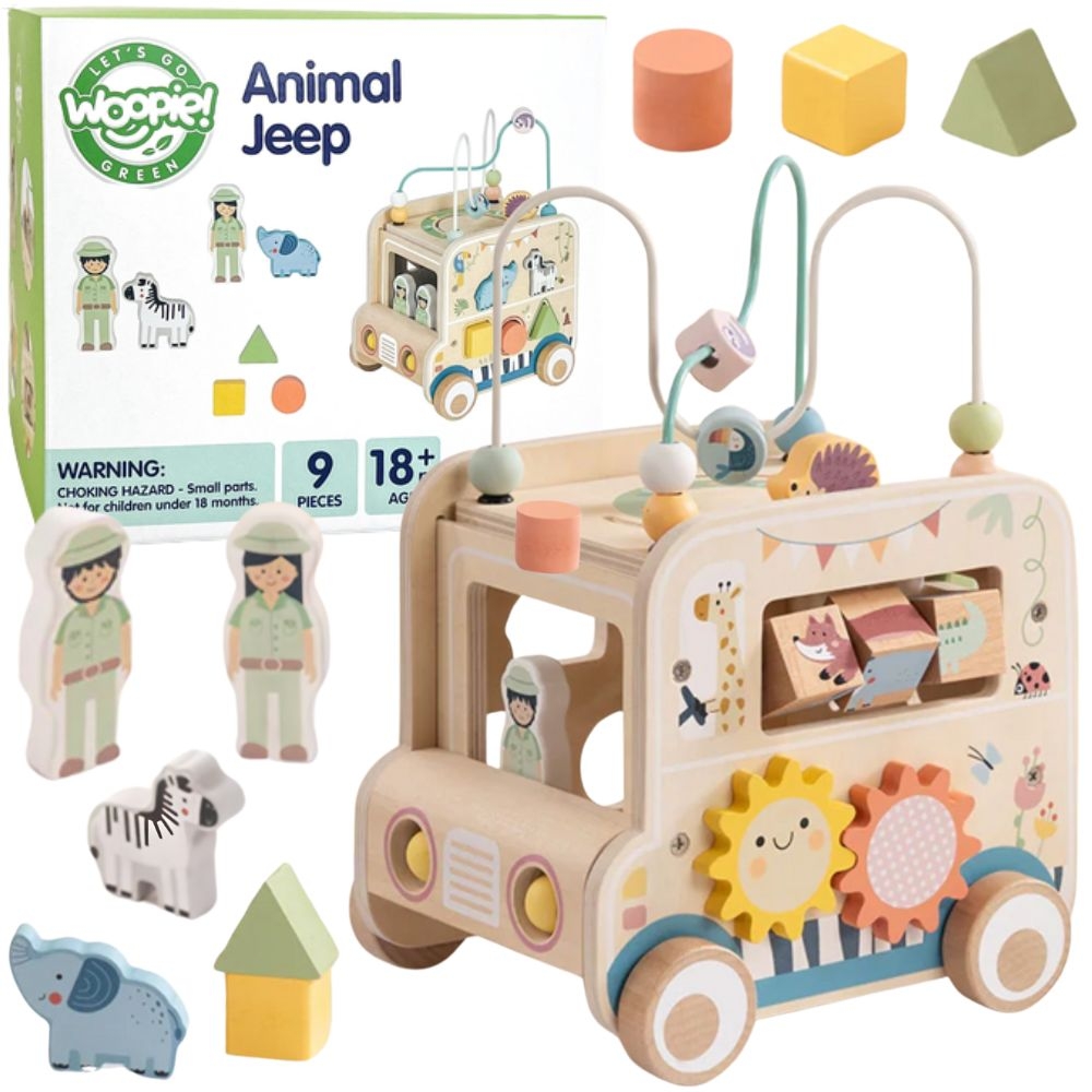 Drewniana kostka aktywności samochód terenowy safari fsc - Odkryj świat zabawy z wyjątkową kostką aktywności stylizowaną na radosny samochód terenowy...