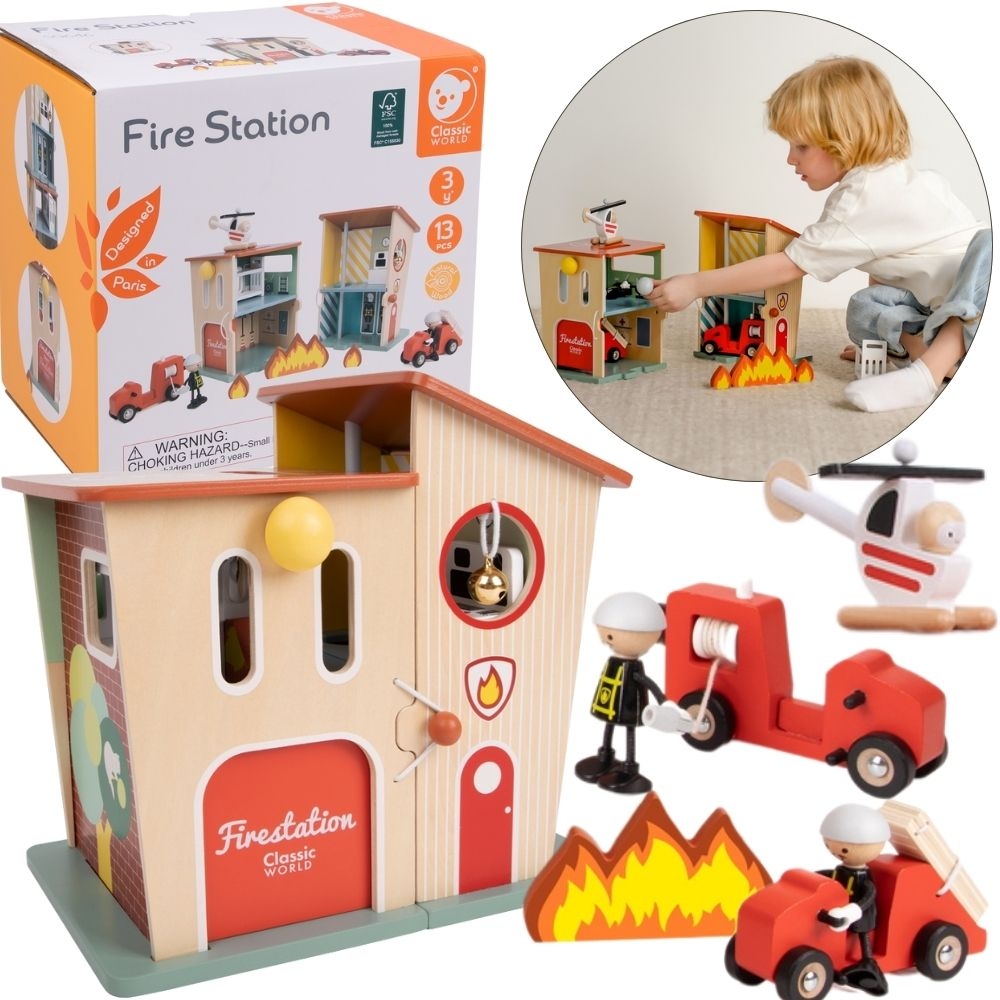 Remiza strażacka drewniana garaż auto helikopter figurki 13el.