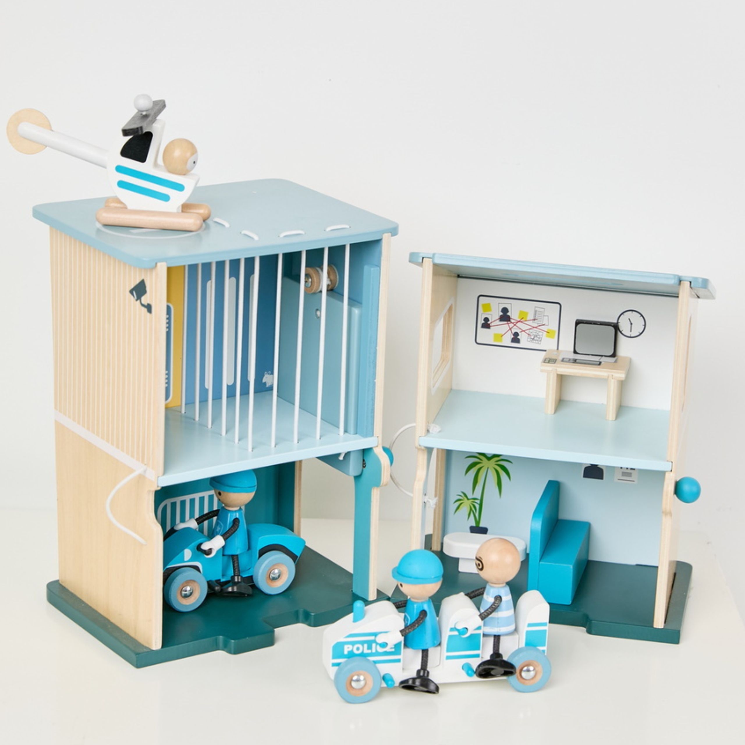 Posterunek policji drewniany samochód helikopter figurki 12el. - 7 z 11