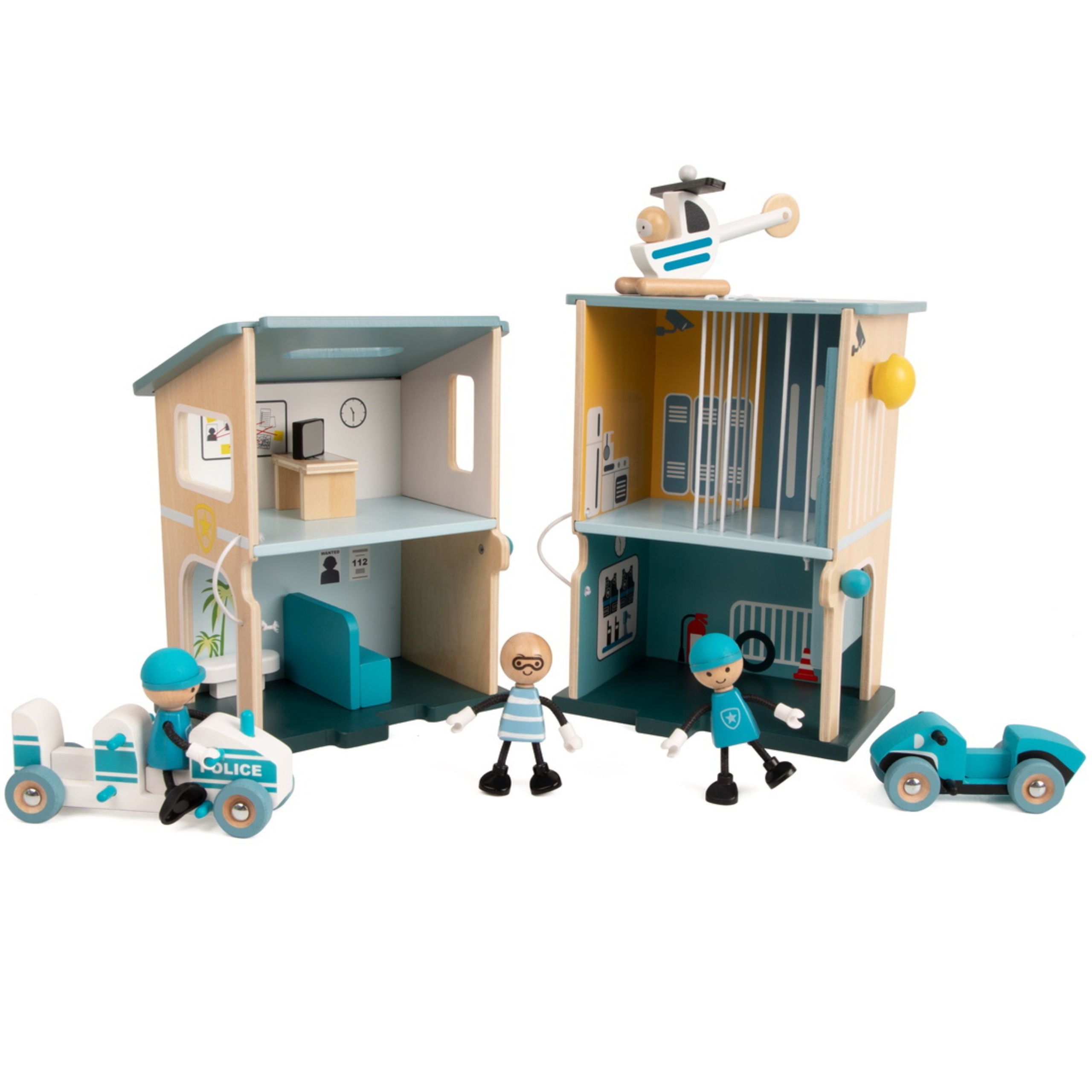 Posterunek policji drewniany samochód helikopter figurki 12el. - 9 z 11