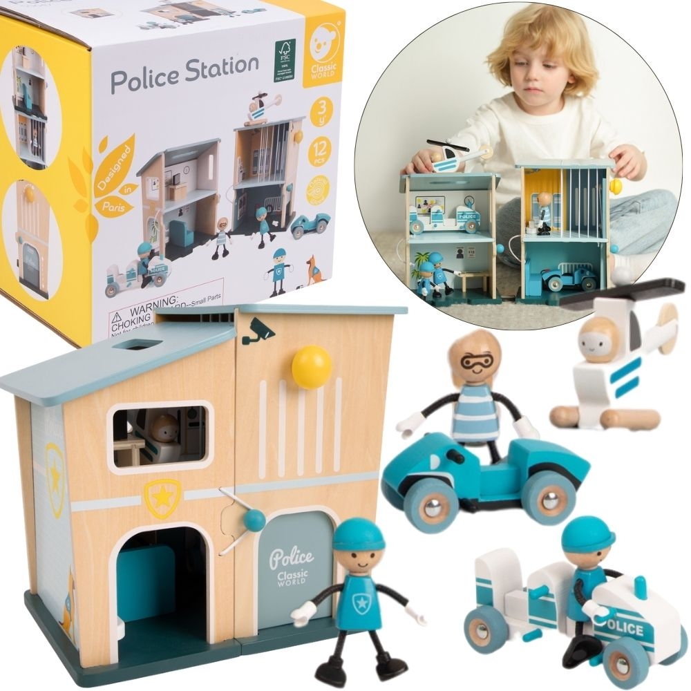 Posterunek policji drewniany samochód helikopter figurki 12el.