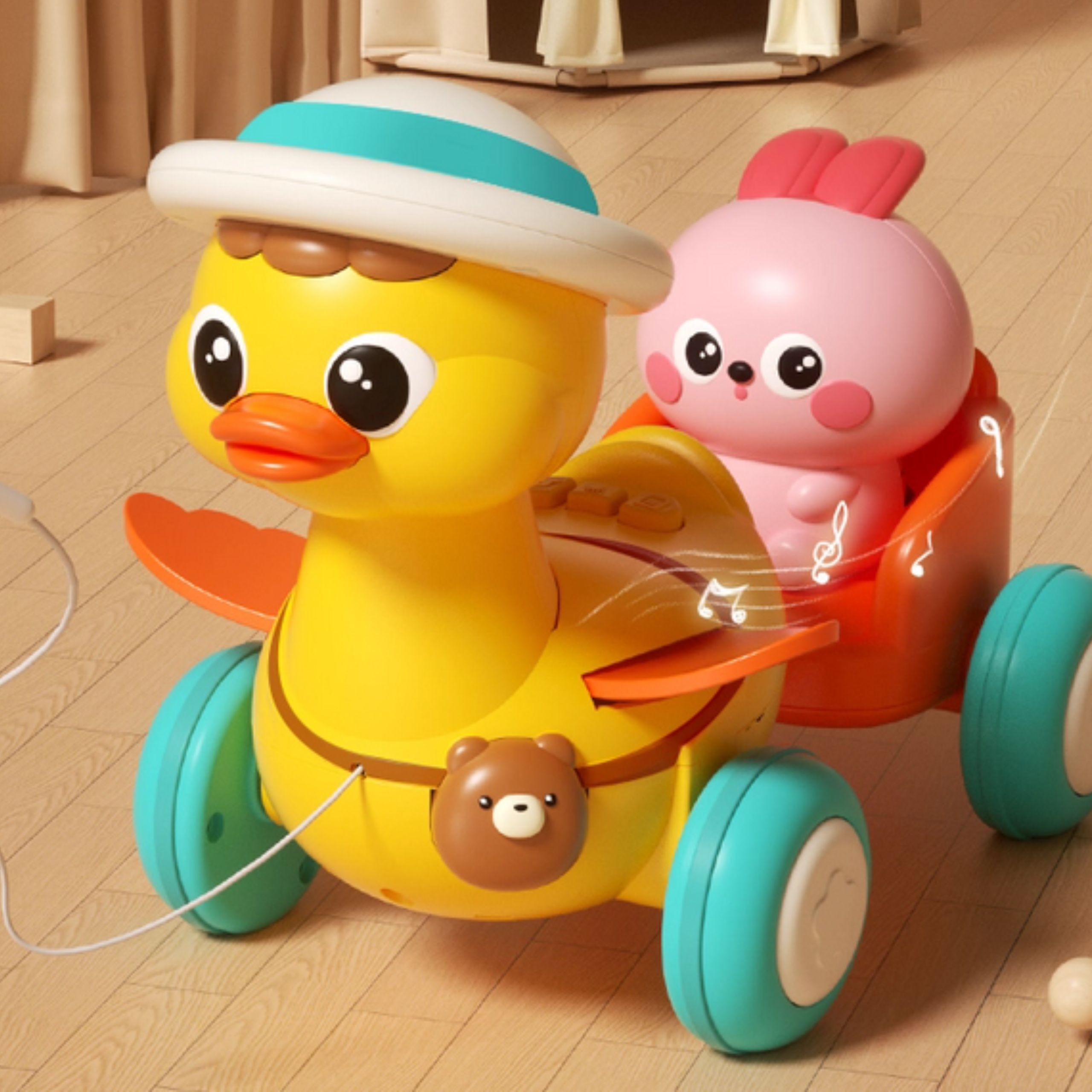 Żółta kaczuszka z różowym króliczkiem w przyczepce do ciągnięcia - 3 z 6