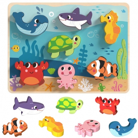 TOOKY TOY Drewniane Puzzle Świat Morza Montessori Rybki Żółwik Dopasuj Kształty