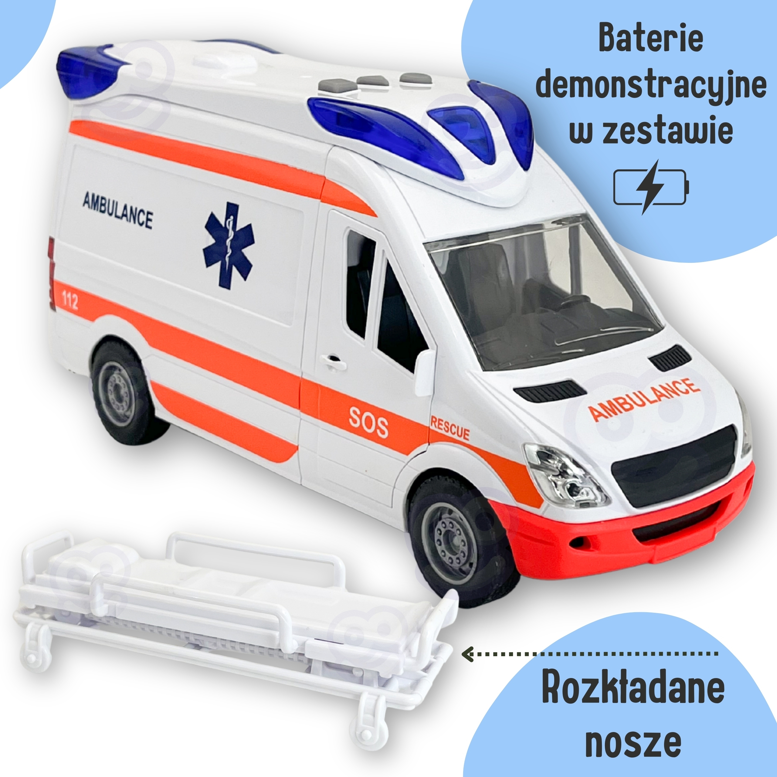 Pogotowie karetka ambulans nosze w zestawie + sygnały dźwiękowe i świetlne - 10 z 21