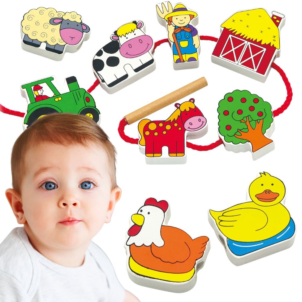 VIGA Drewniana Przeplatanka Klocki Farma do Nawlekania Montessori