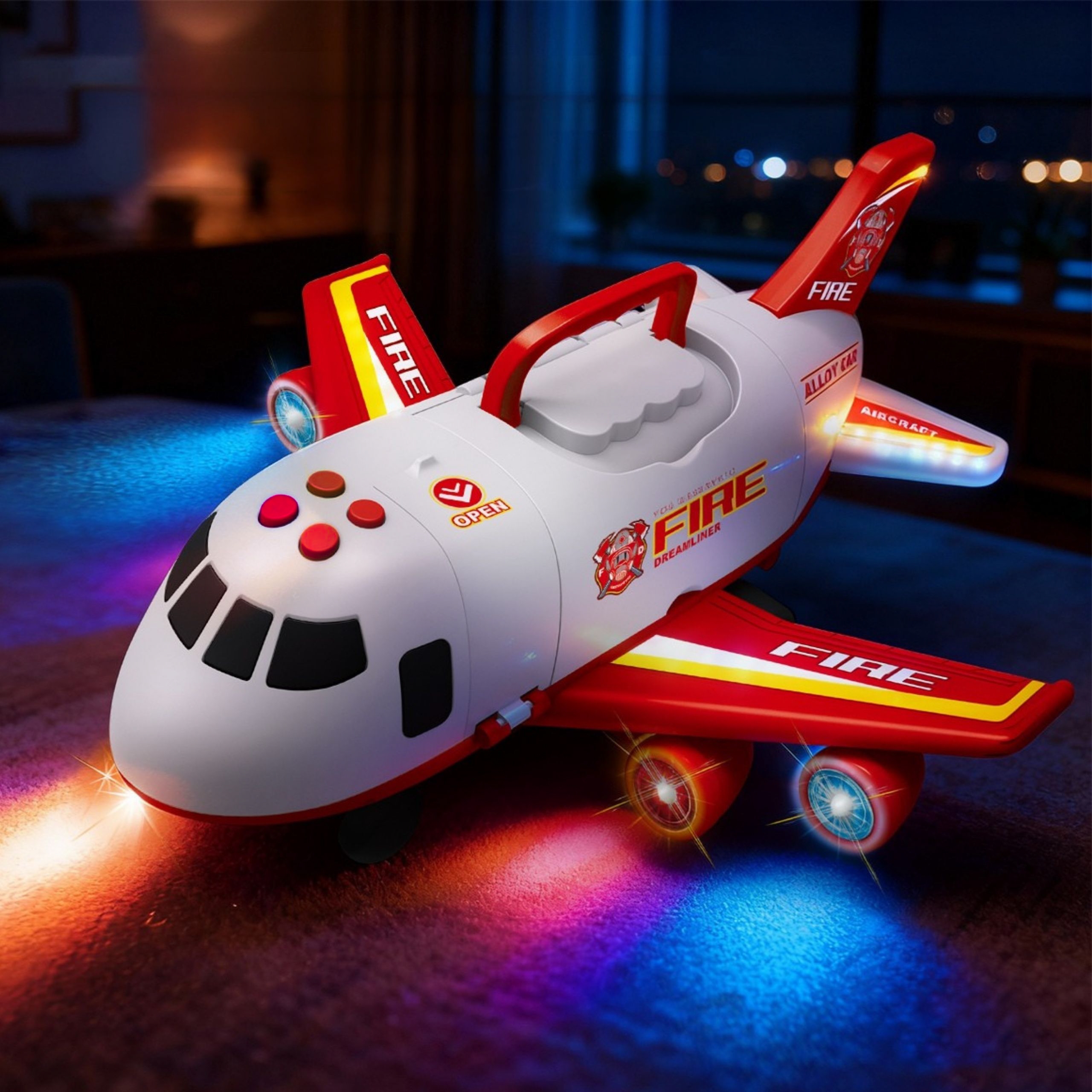 Samolot rozkładany transporter straż pożarna z 3 autami strażackimi zestaw xl znaki drogowe - 9 z 16