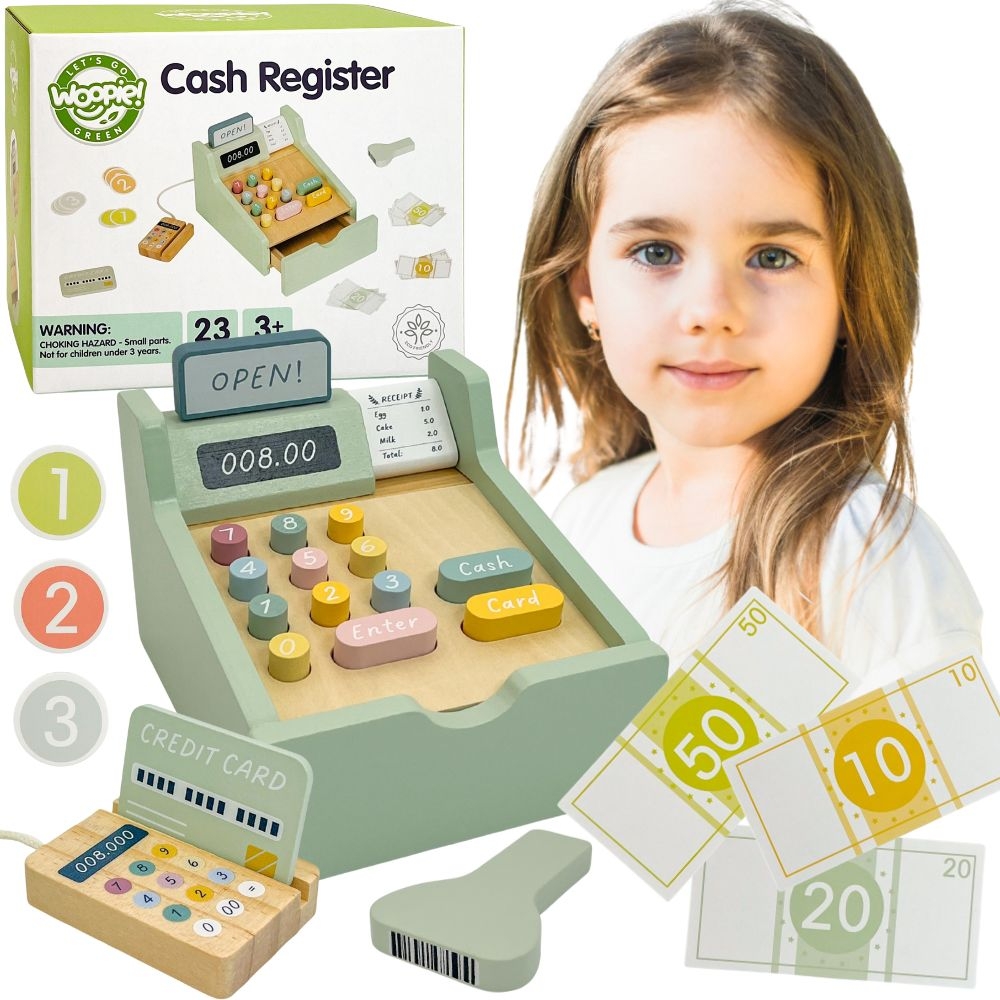 WOOPIE GREEN Drewniana Kasa Sklepowa Edukacyjna z Akcesoriami 23 el. FSC