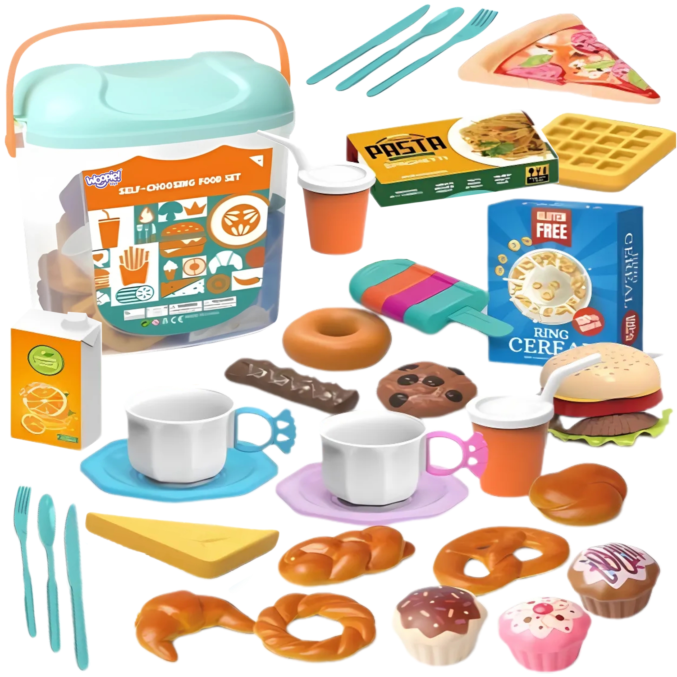 WOOPIE Zestaw XL Jedzenia do Zabawy Produkty Spożywcze Fast Food Słodycze Ciastka Sztucice w Wiaderku 40 el.
