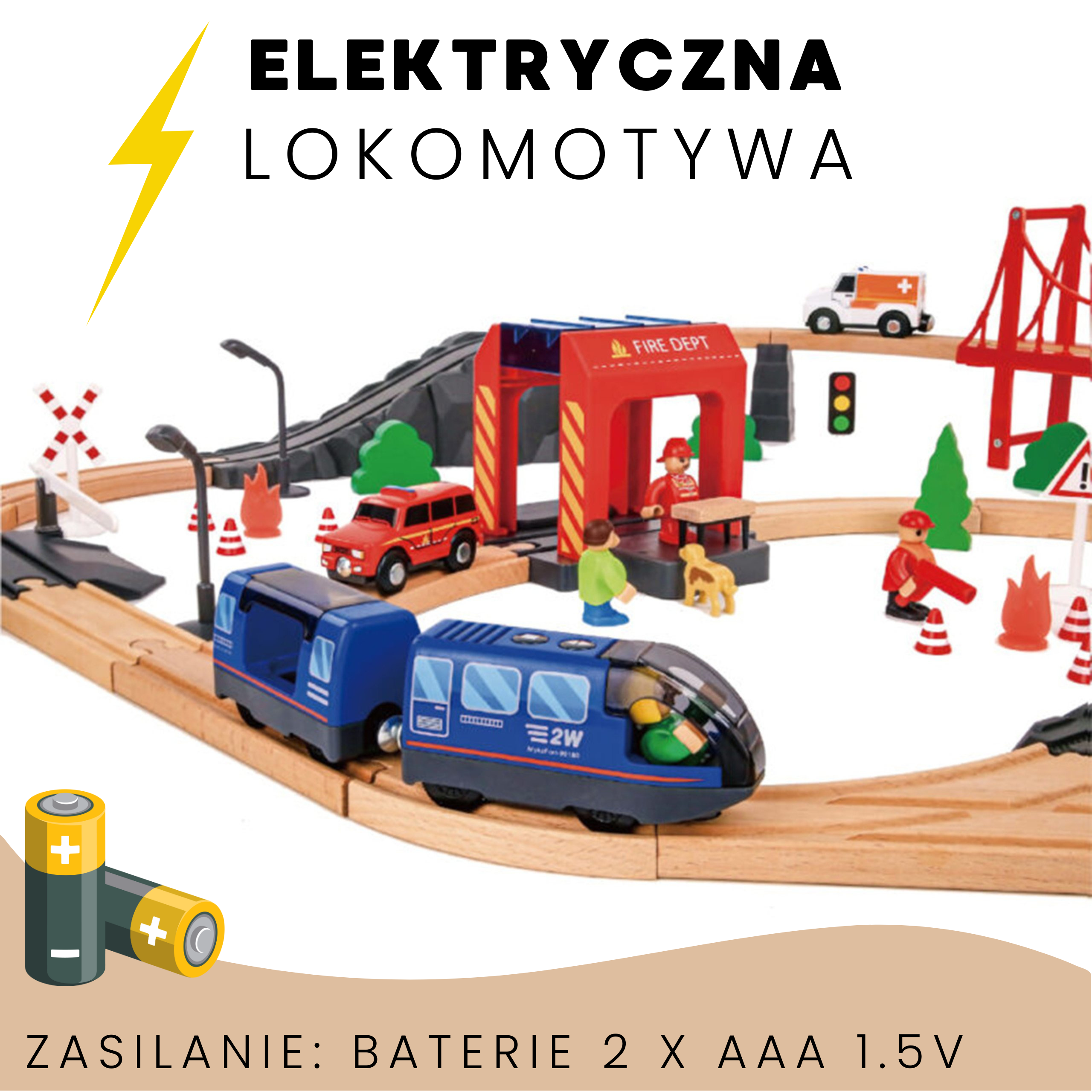 Tooky Toy Drewniana Kolejka Elektryczna Straż Pożarna Efekty Dźwiękowe 70 el. FSC