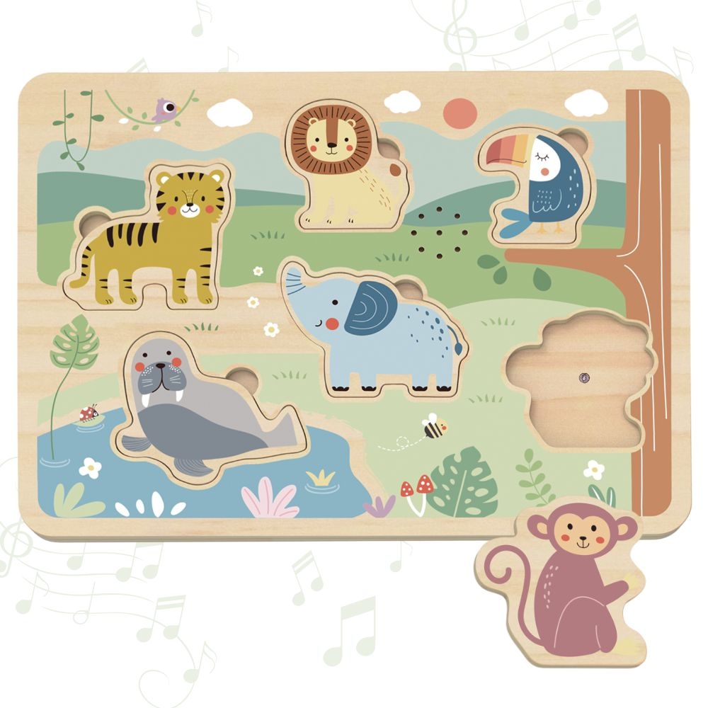 TOOKY TOY Drewniana Układanka Montessori Interaktywne Puzzle Dźwiękowe Dzikie Zwierzęta Safari