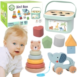 WOOPIE GREEN Pudełko Sorter Box 3w1 Klocki Piramidka Słonik