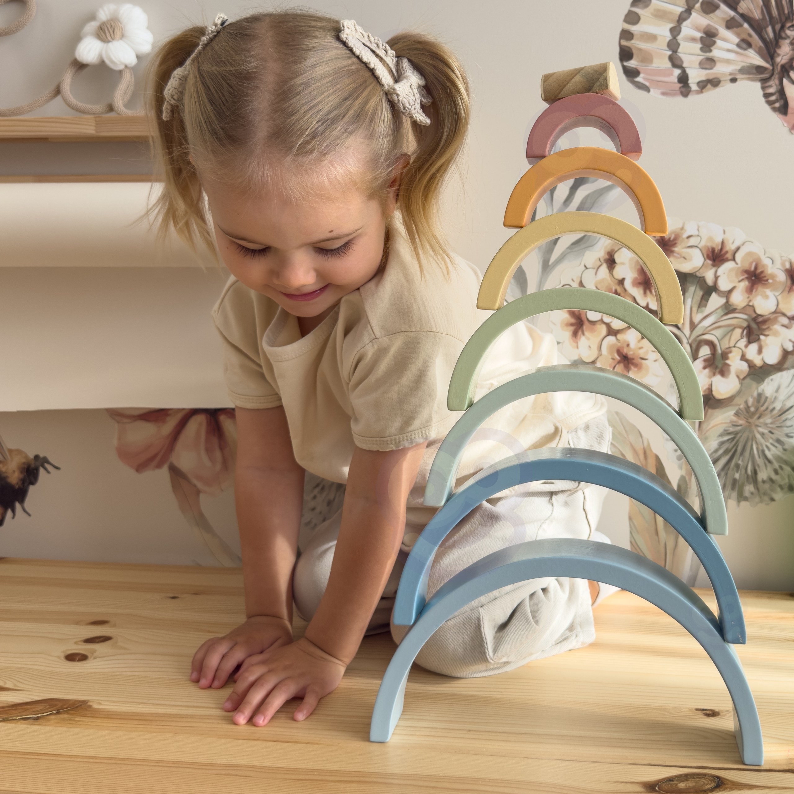 Pastelowa układanka drewniane klocki montessori tęcza - 14 z 17