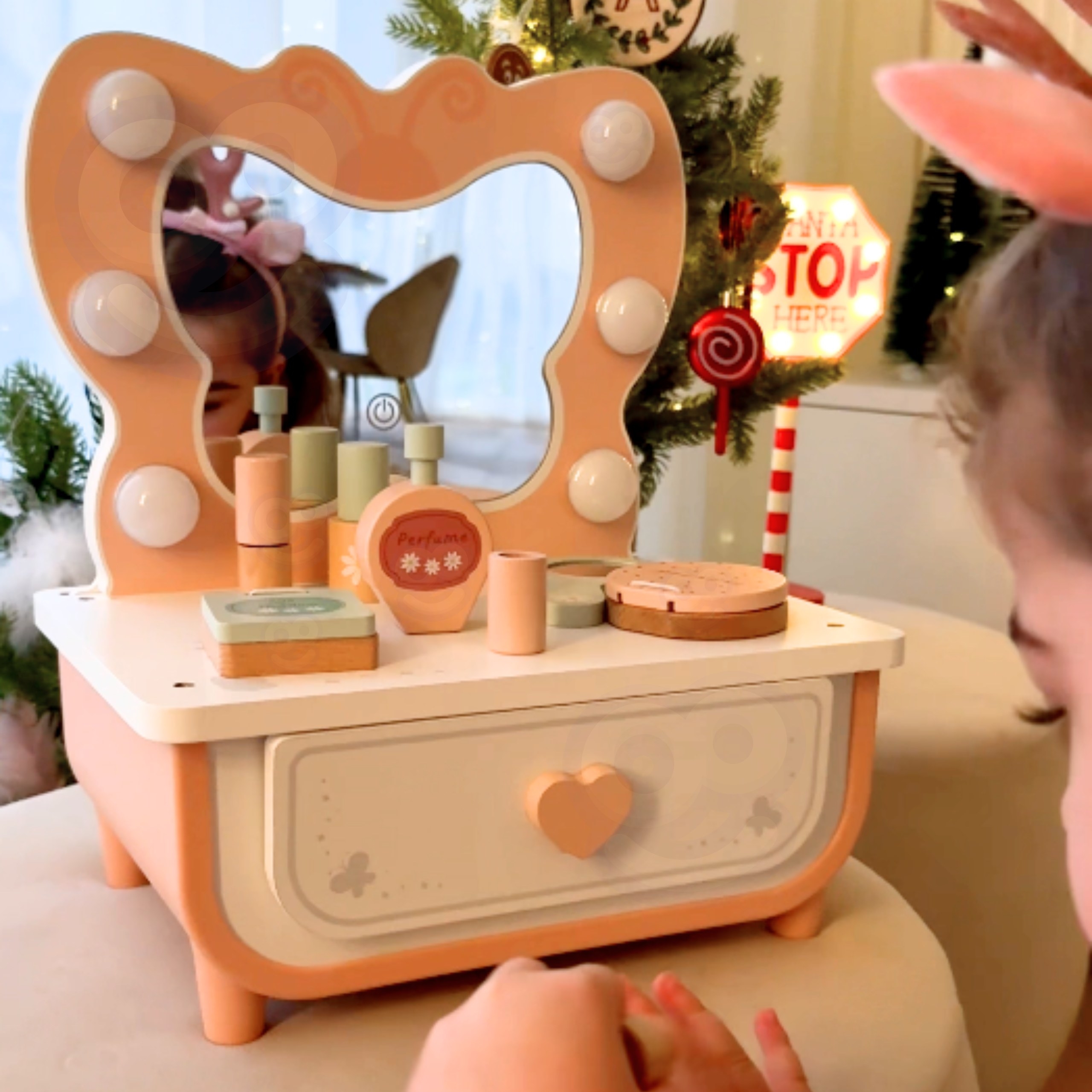 Drewniana toaletka motyl akcesoria lustro z oświetleniem led + kosmetyki - 9 z 13