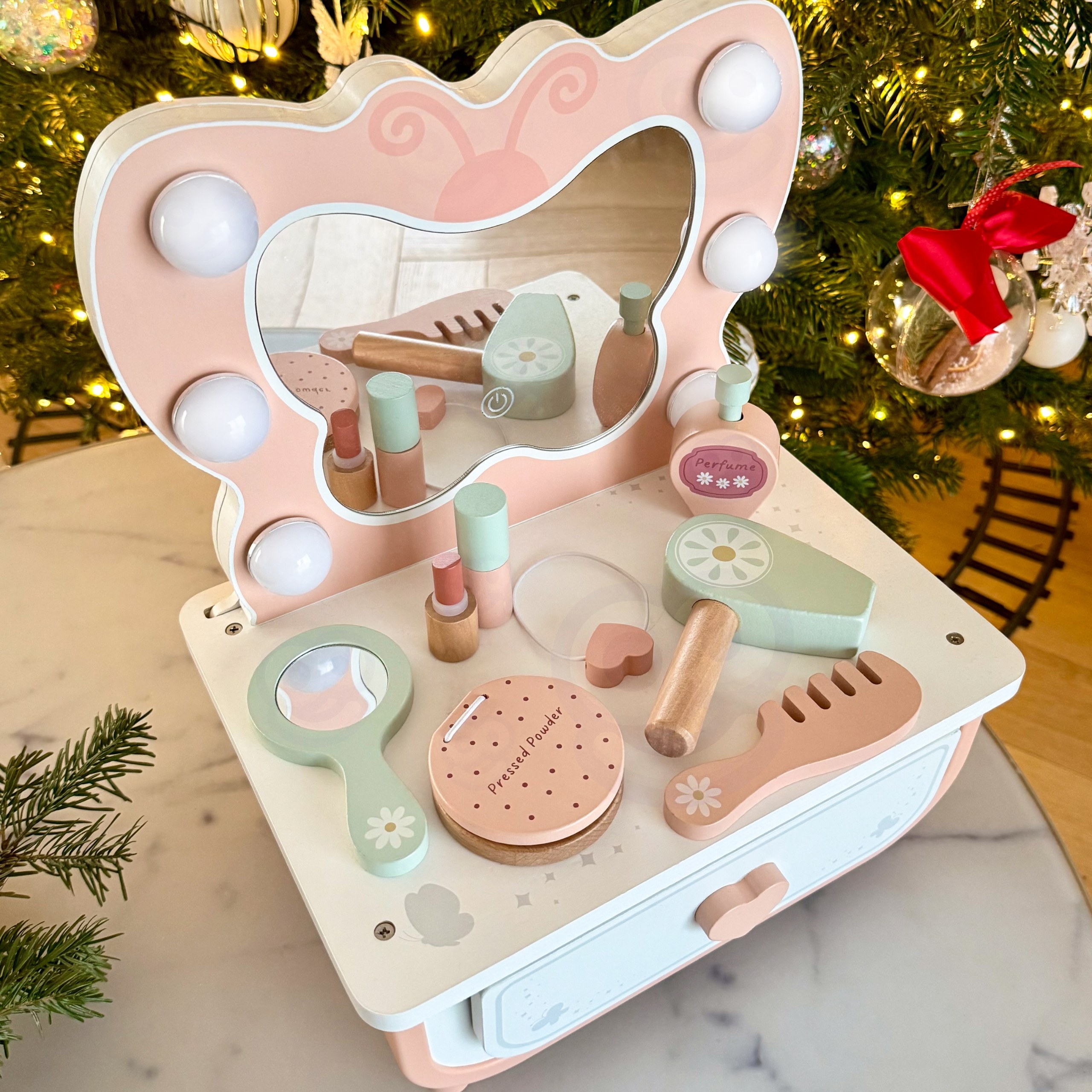 TOOKY TOY Drewniana Toaletka Motylek Akcesoria Lustro z Oświetleniem LED + Kosmetyki