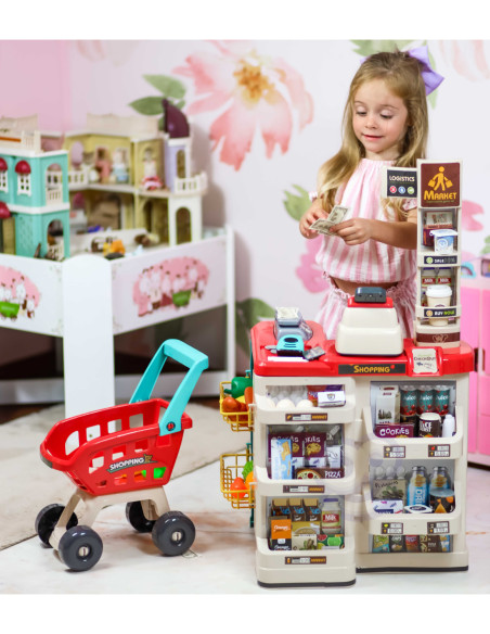 WOOPIE Supermarket z Wózkiem Sklepowym Waga Kasa Skaner + 48 Akcesoriów