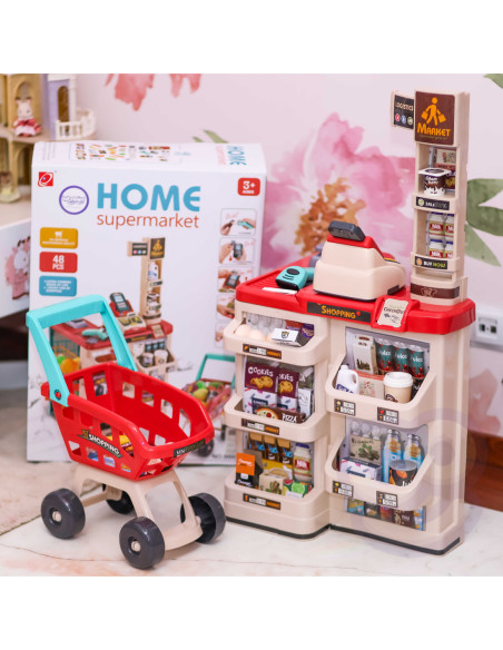 WOOPIE Supermarket z Wózkiem Sklepowym Waga Kasa Skaner + 48 Akcesoriów