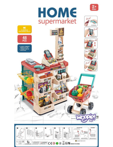 WOOPIE Supermarket z Wózkiem Sklepowym Waga Kasa Skaner + 48 Akcesoriów